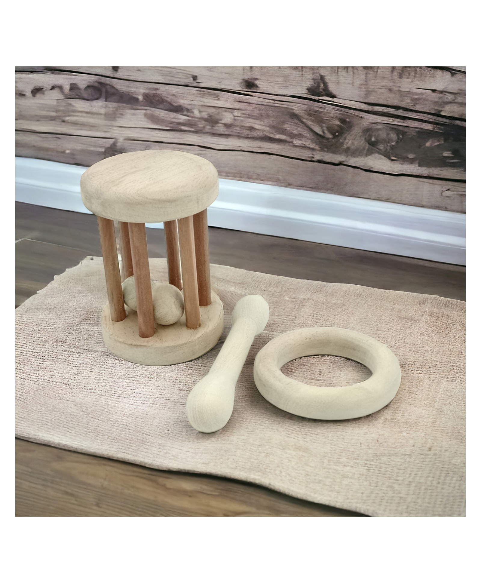neemtoys Combo of Neem Wooden Tumbler Rattle & Teethers of Shapes - Dumbbell & Ring-picture-24