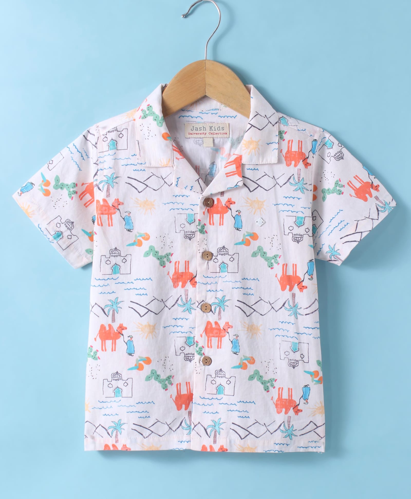 JASH KIDS Cotton Knit Half Sleeves Shirt with Camel Print - Cream-image-18