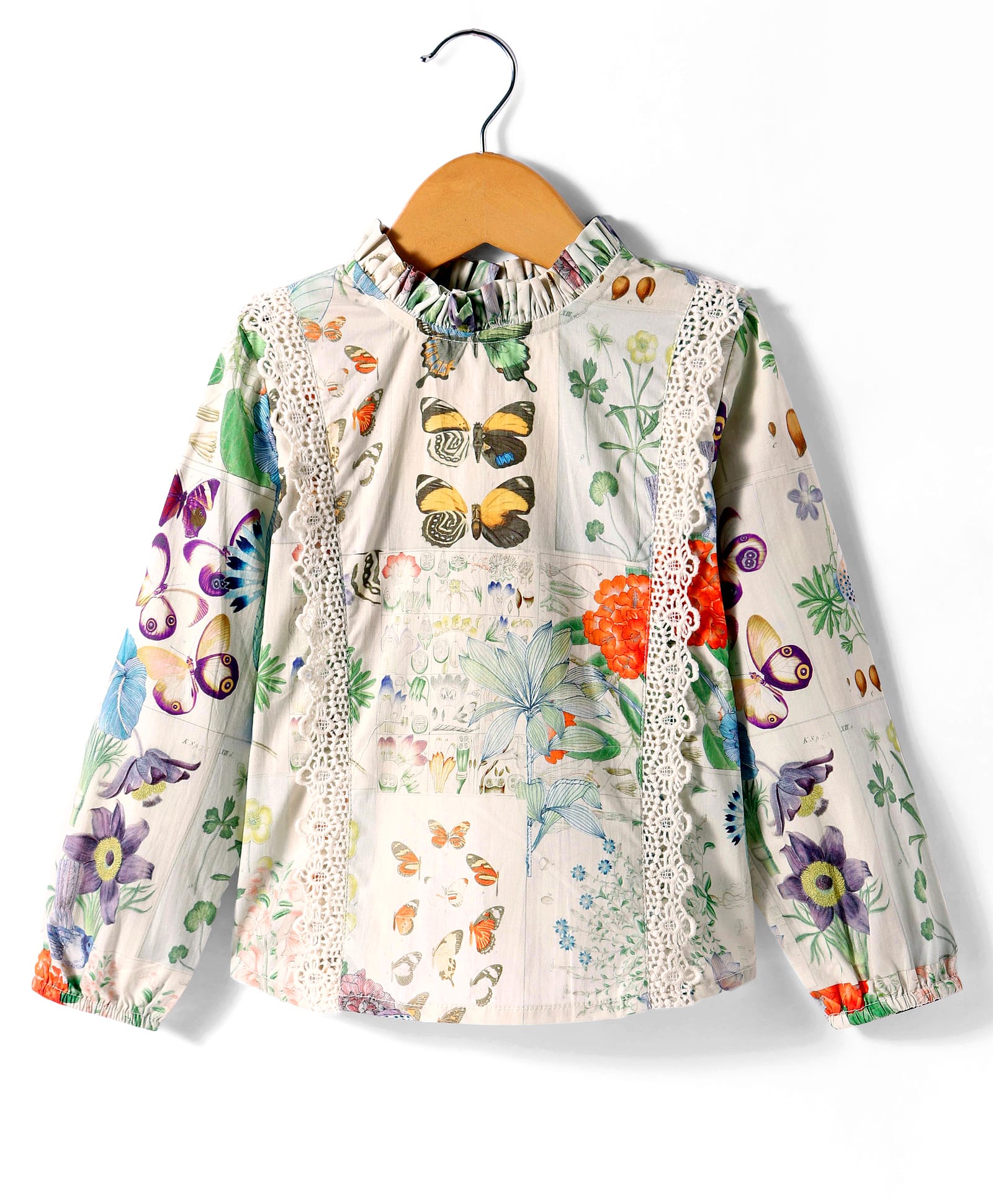 Hugsntugs Cotton Full Sleeves Butterfly Printed & Lace Embellished Printed Top - Off White-image-39