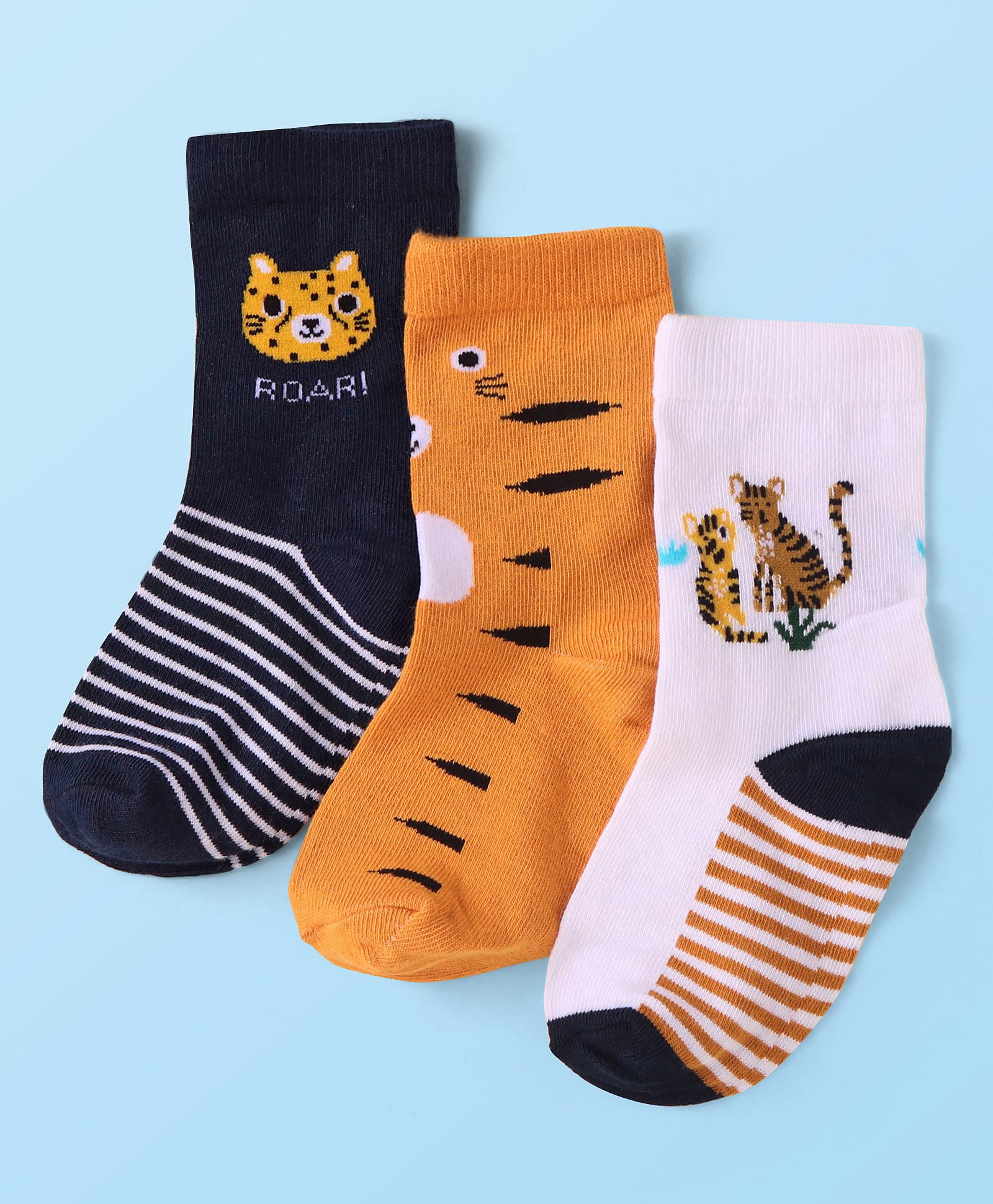 Cute Walk By Babyhug Knit Ankle Length Anti-Bacterial Socks with Animal Design Pack of 3 - White & Tan-image-42