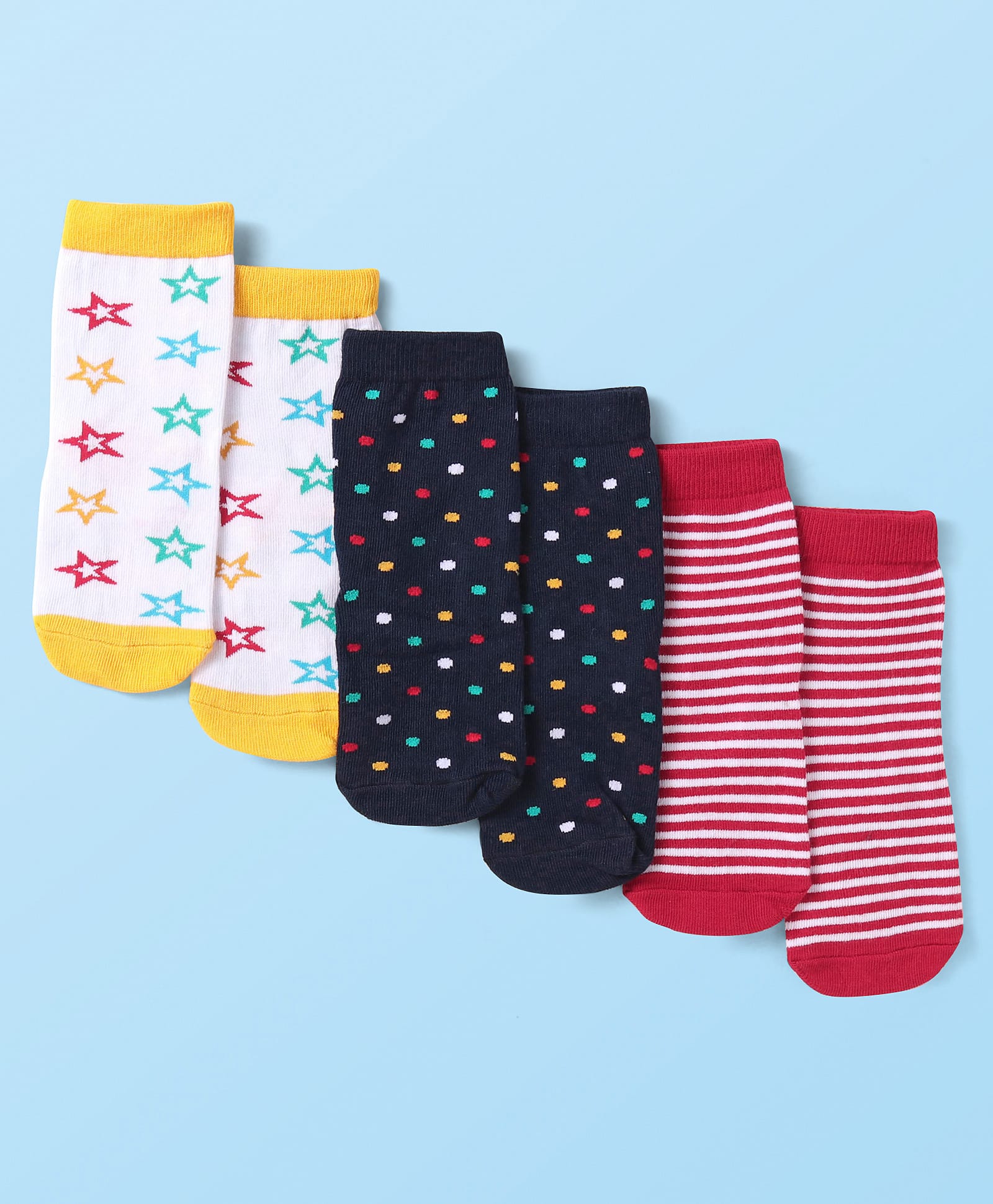 Cute Walk By Babyhug Knit Ankle Length Anti-Bacterial Socks with Stripes & Star Design Pack of 3 -White Yellow & Red-image-40