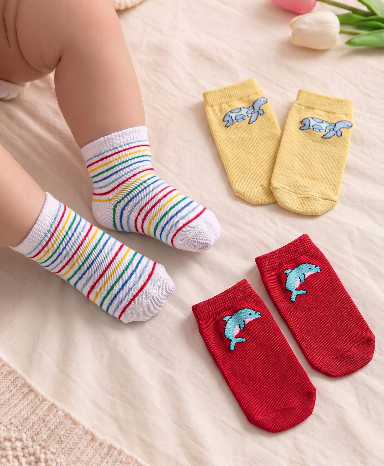 Cute Walk by Babyhug Ankle Length Antibacterial Socks with Stripes & Animal Design Pack Of 3 - Yellow & Red-image-33