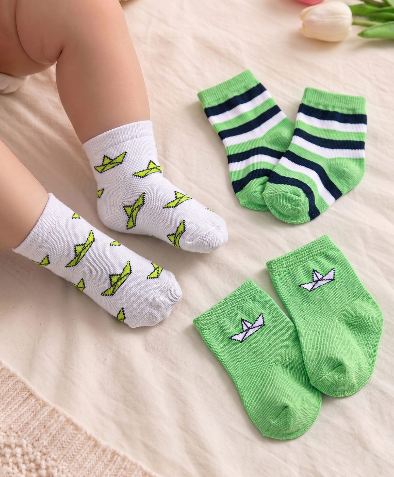 Cute Walk by Babyhug Knit Ankle Length Antibacterial Socks with Paper Boat Design & Stripes Pack of 3 - White & Green-image-21
