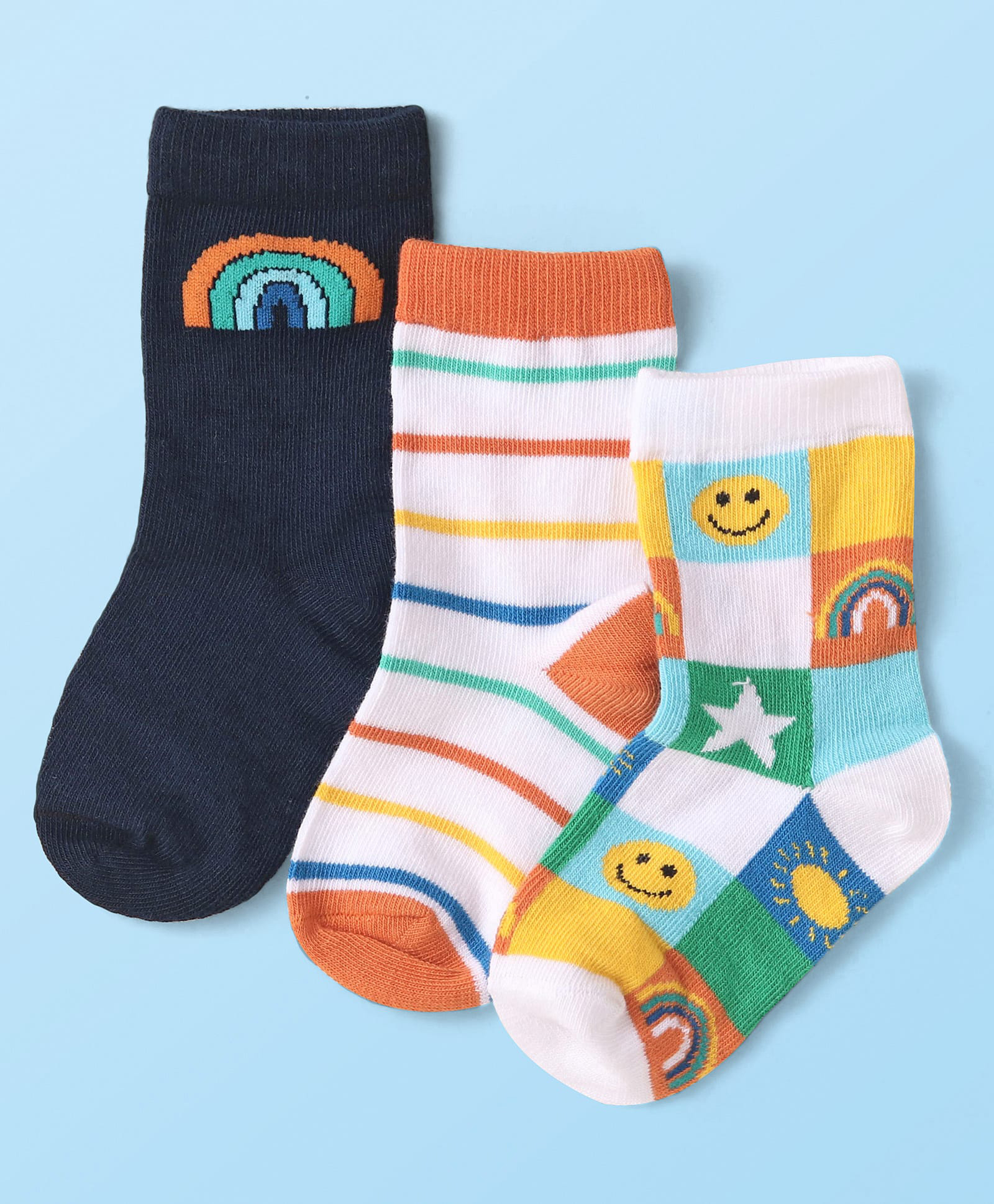 Cute Walk By Babyhug Knit Ankle Length Anti-Bacterial Socks with Stripes & Smiley Design Pack of 3 - Navy Blue & White-image-44