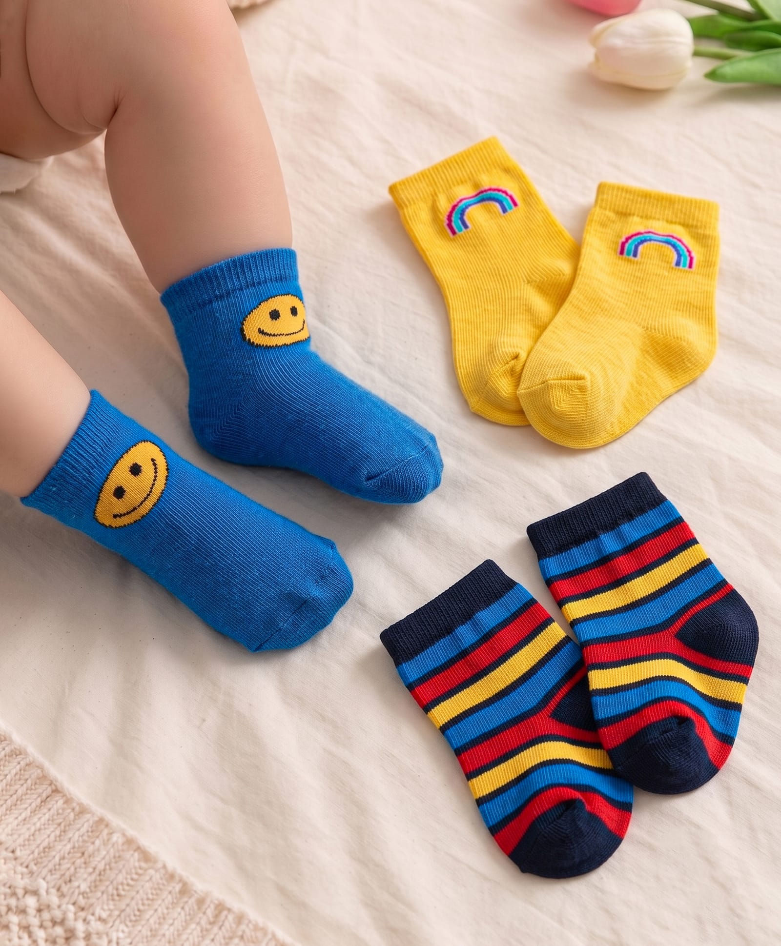 Cute Walk By Babyhug Anti-Bacterial Ankle Length Socks with Stripes & Smiley Design Pack of 3 - Blue & Yellow-image-42