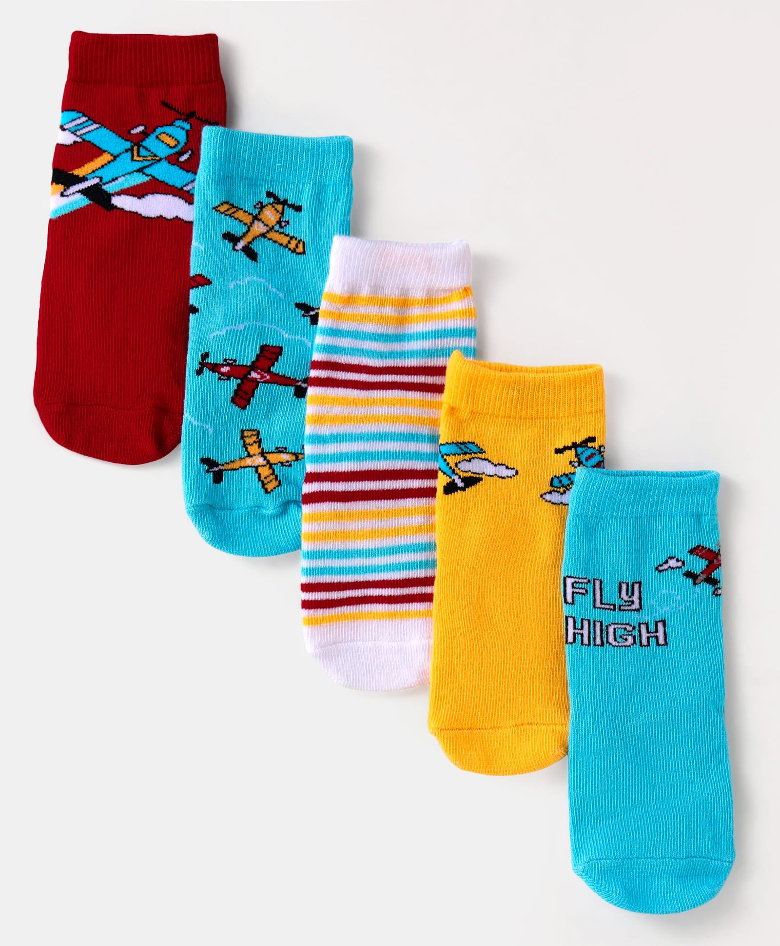 Cute Walk By Babyhug Anti-Bacterial Ankle Length Socks with Stripes & Airplane Design Pack of 5 - Blue & Yellow-image-36