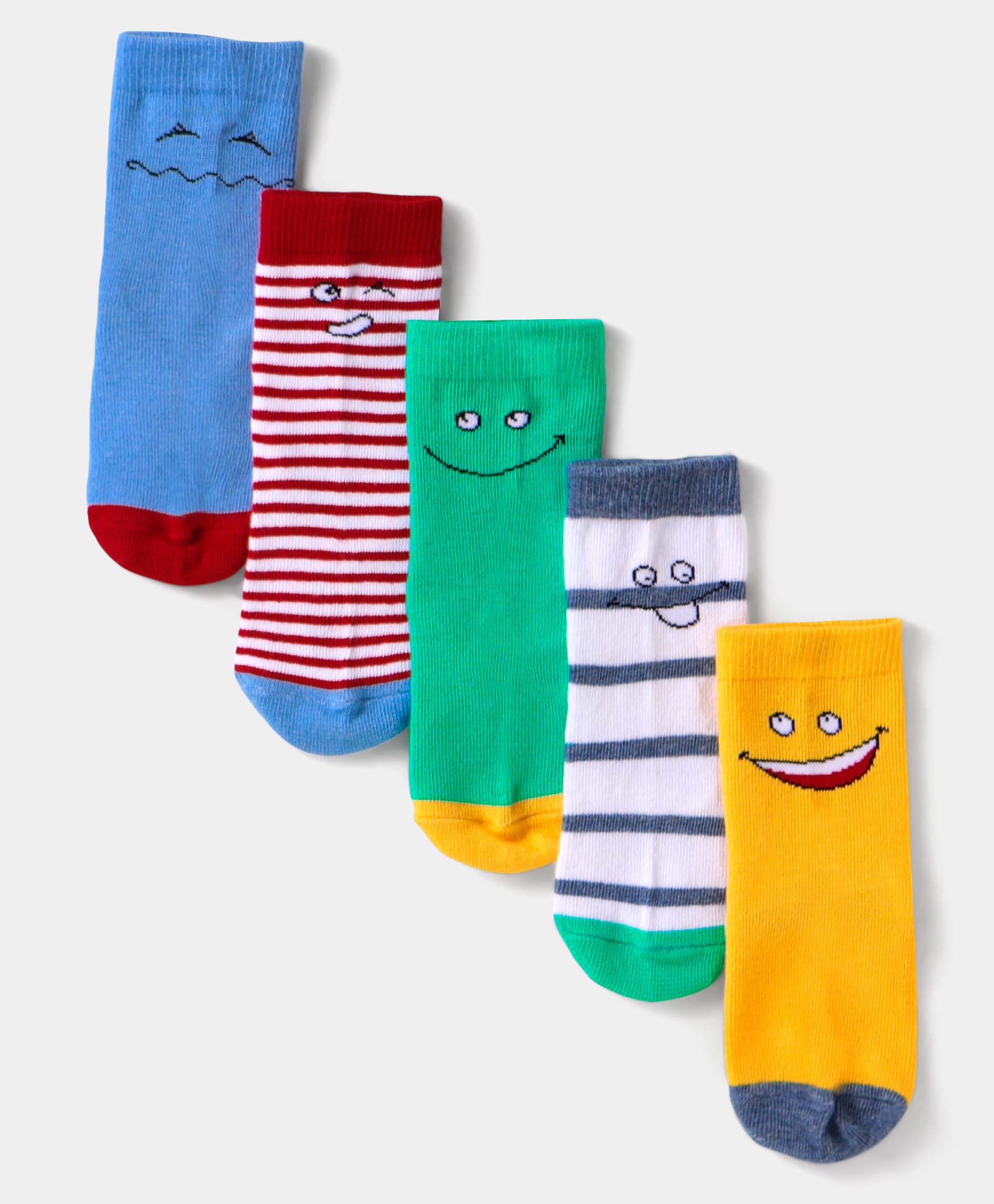 Cute Walk By Babyhug Anti-Bacterial Ankle Length Socks with Stripes & Smiley Design Pack of 5 - Blue & Yellow-picture-16