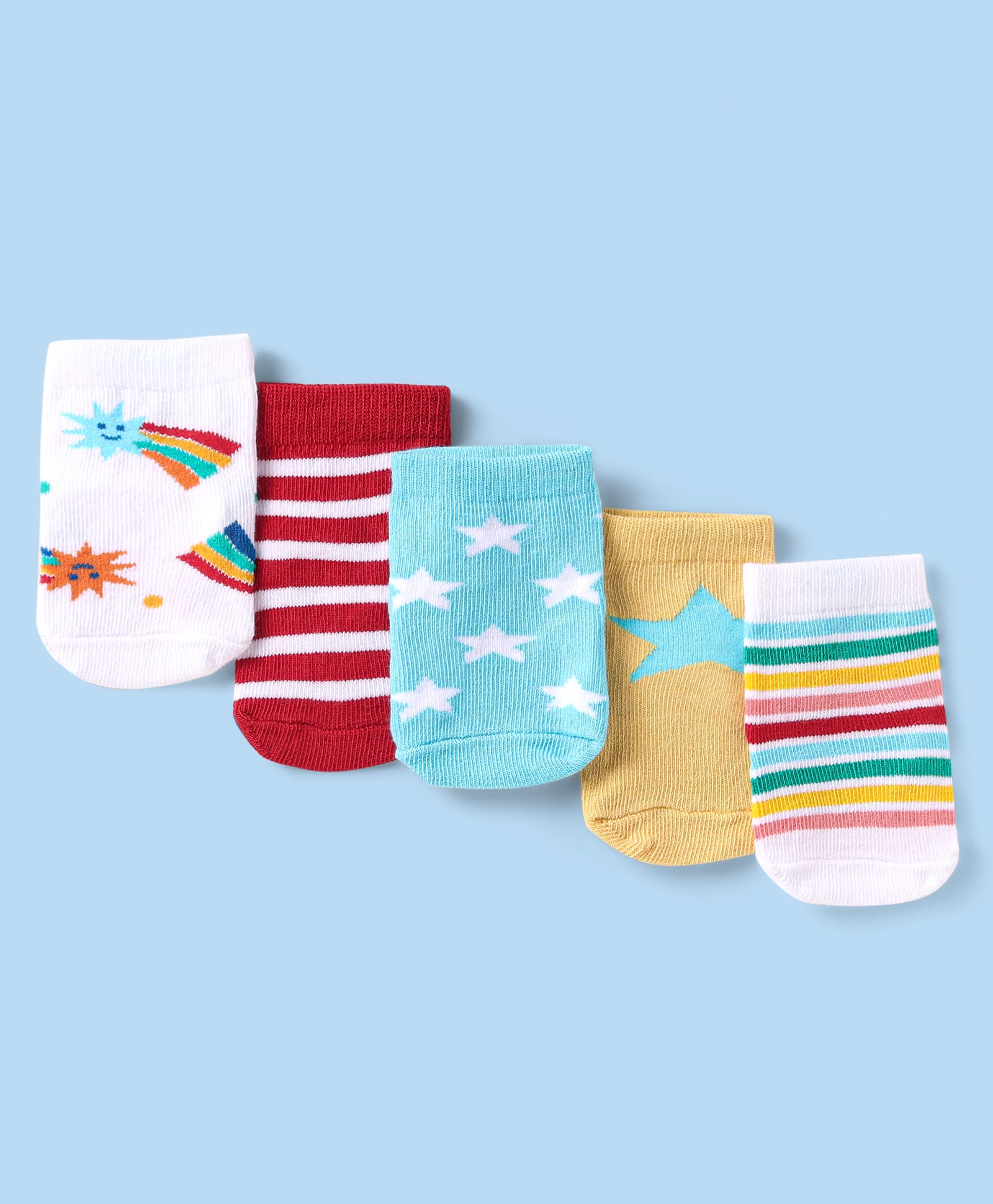 Cute Walk By Babyhug Knit Ankle Length Anti-Bacterial Socks with Stripes & Star Design Pack of 5 - White Yellow & Light Blue-image-29