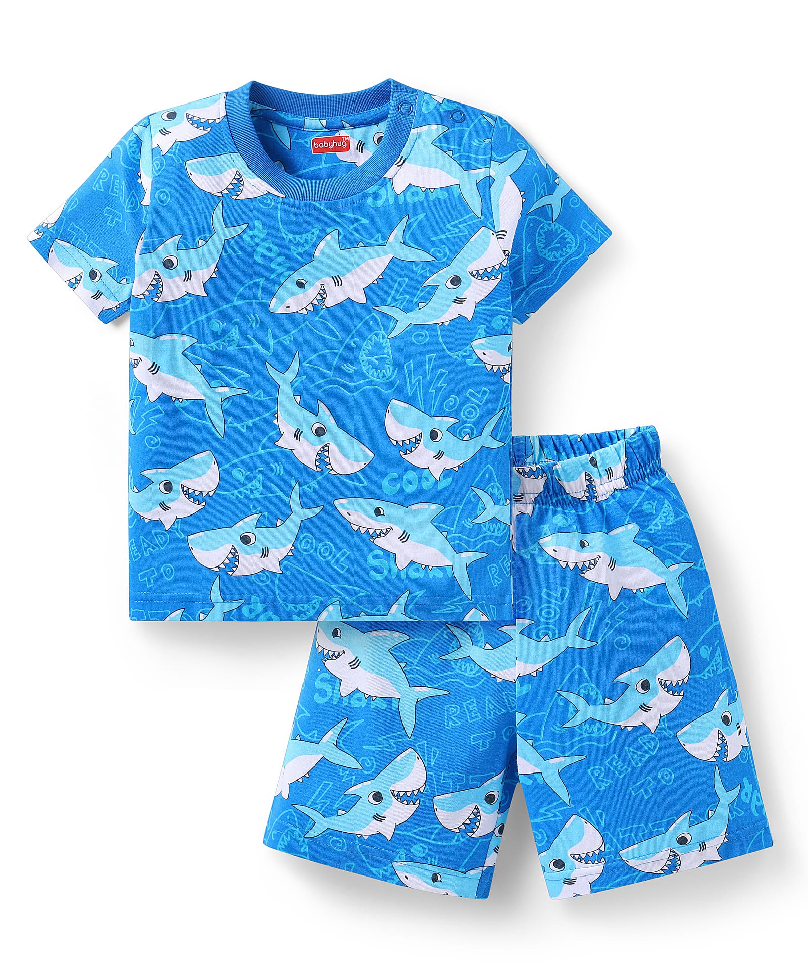 Babyhug Cotton Knit Half Sleeves Short Night Suitwith Whale Print - Blue-image-25