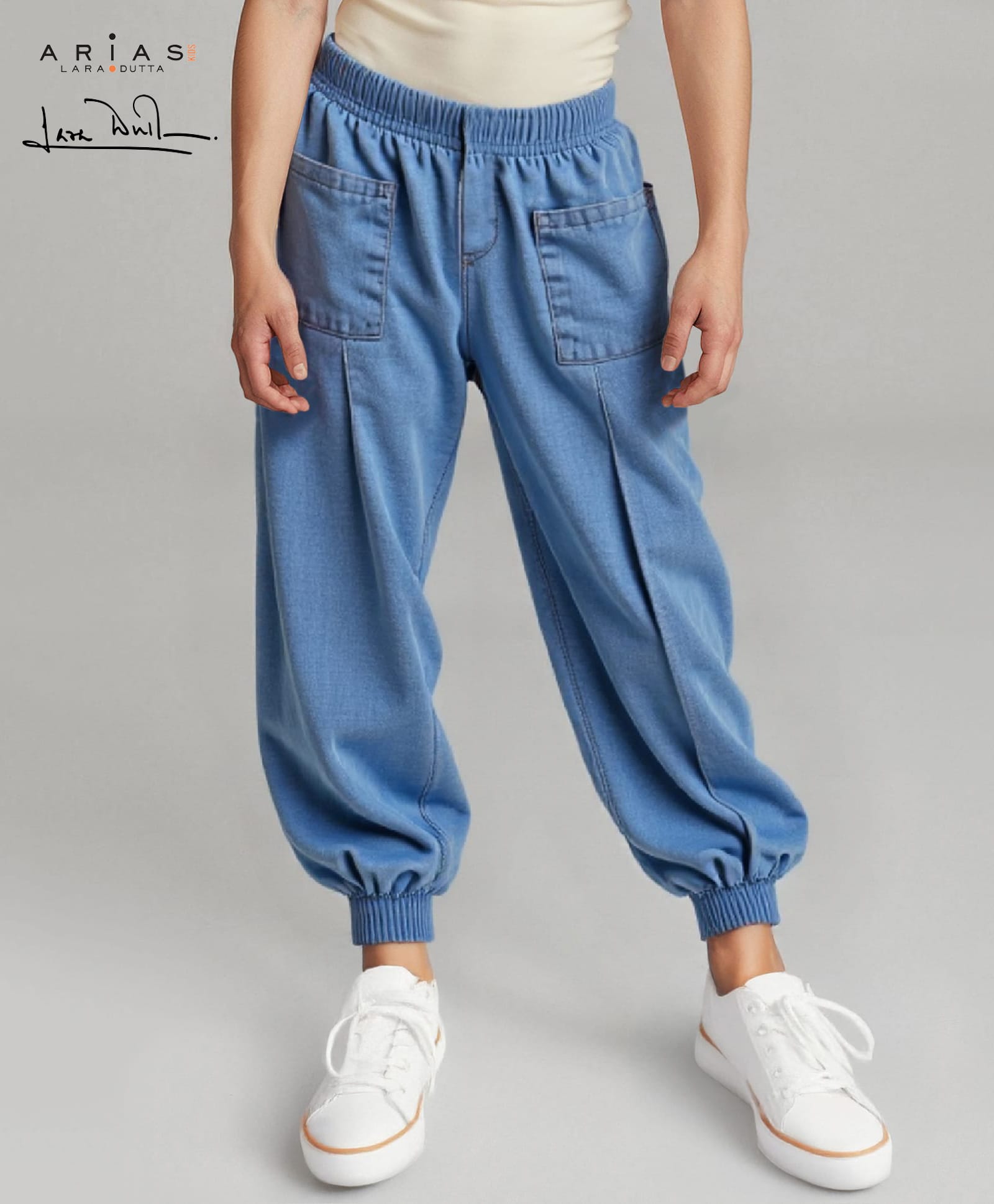 arias by lara dutta Arias Cotton Woven Ankle Length Jogger Fit Medium Washed Pleated Jeans - Blue-picture-24