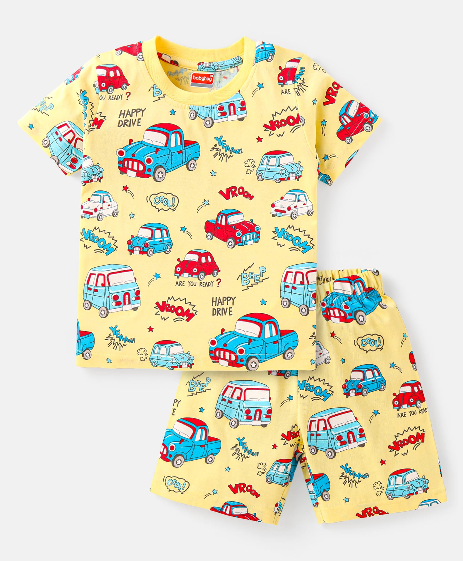 Babyhug Cotton Knit Half Sleeves Shorts Night Suit With Car Print - Yellow