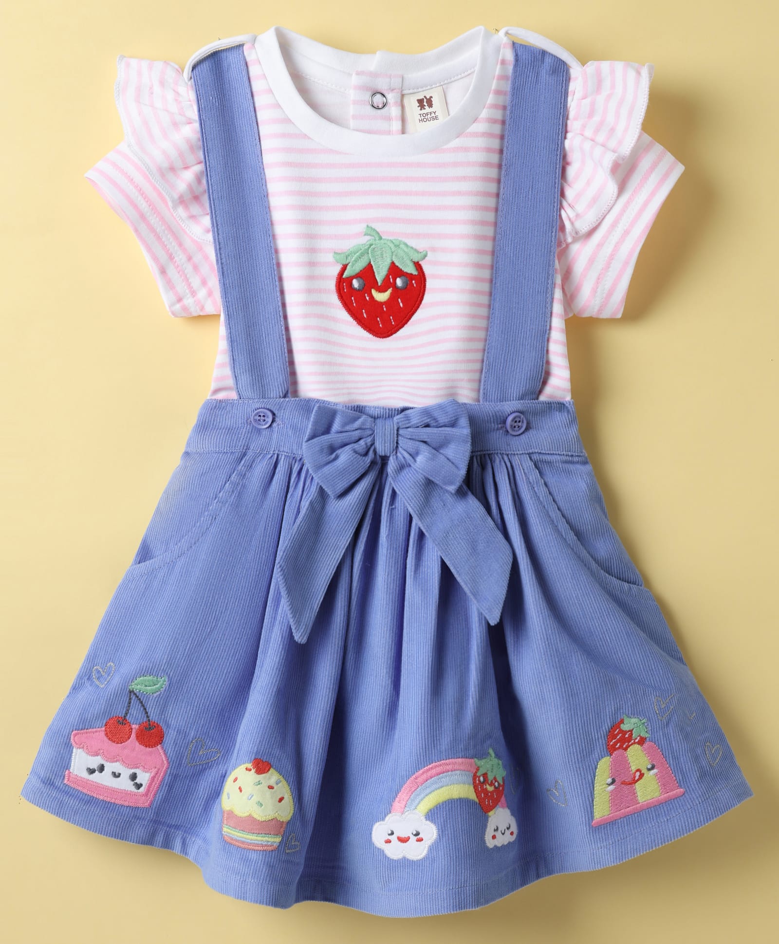ToffyHouse Knitted Half Sleeves Top & Skirt with Stripes & Tropical Theme Patch Embroidery - Pink & Blue-image-34