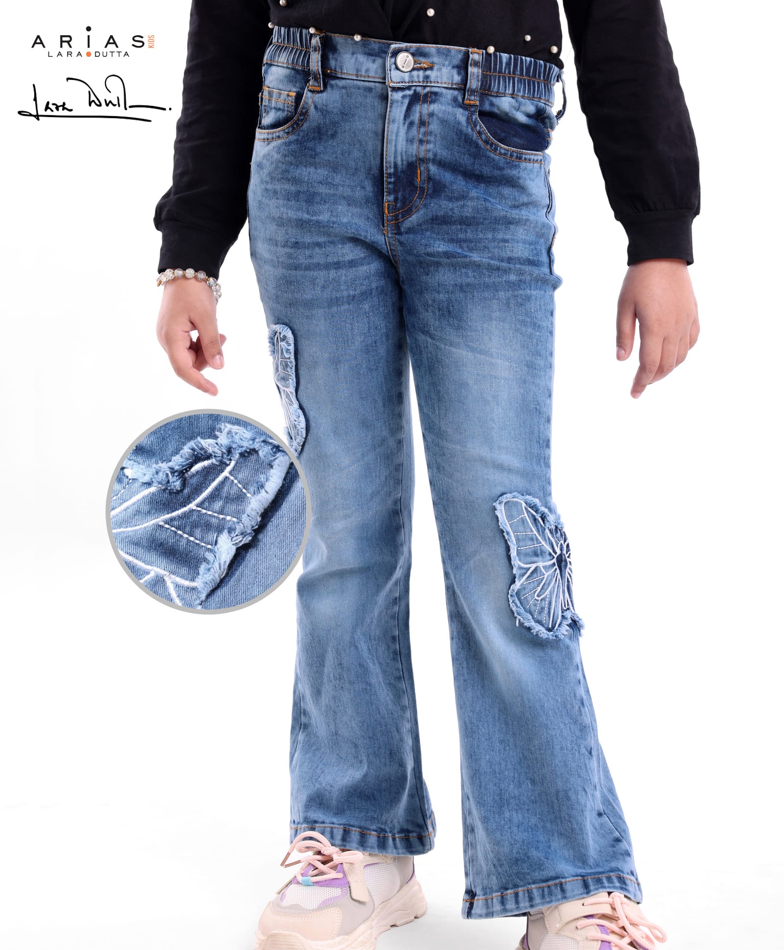 Arias Woven Full Length Stretchable Washed Denim Boot Cut Jeans With Butterfly Applique - Blue-image-41