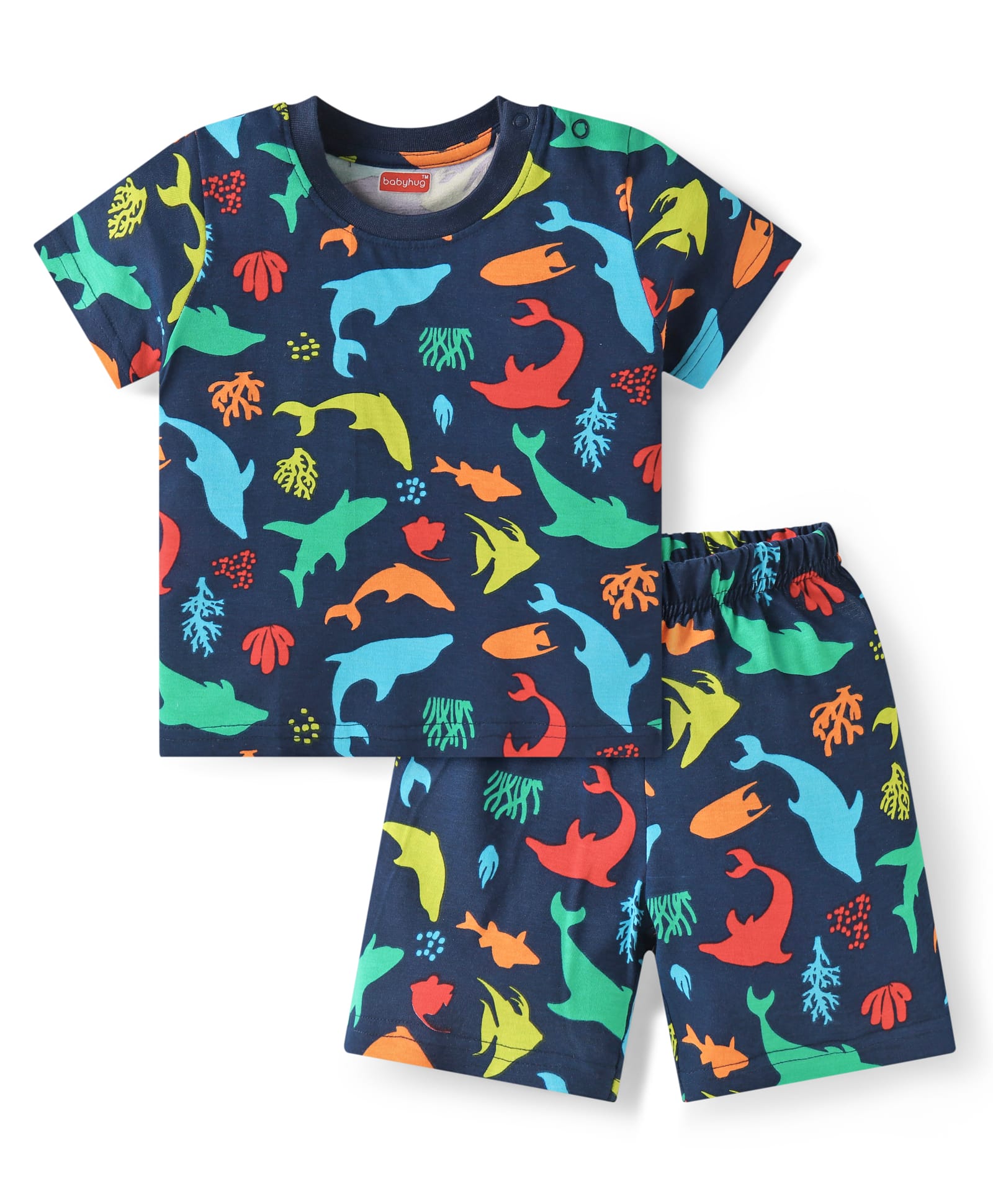 Babyhug Cotton Knit Half Sleeves Shorts Night Suit With Dino Print - Navy Blue-image-5
