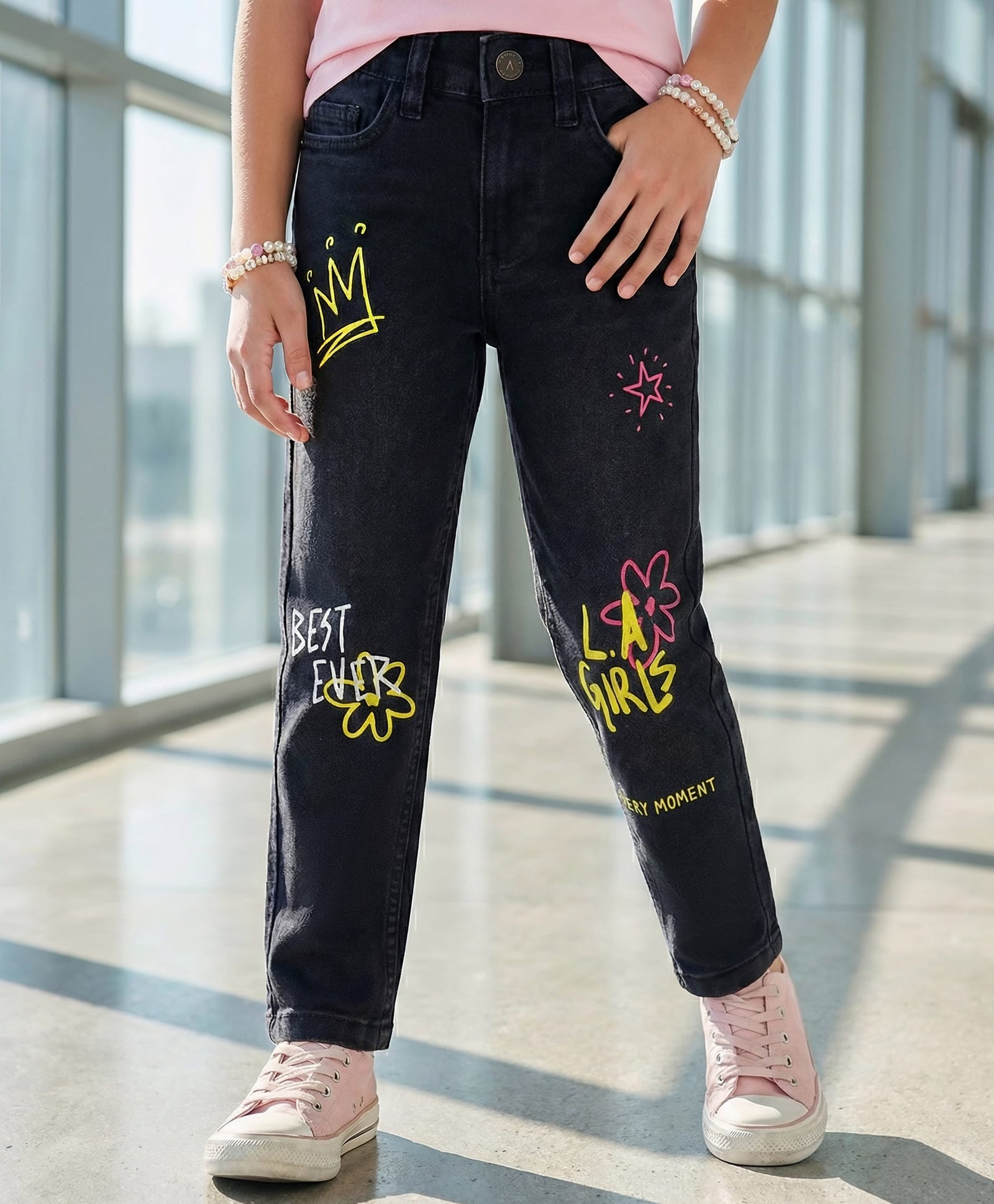 Pine Kids Denim Woven Full Length Washed Jeans With Text Print - Black-picture-10