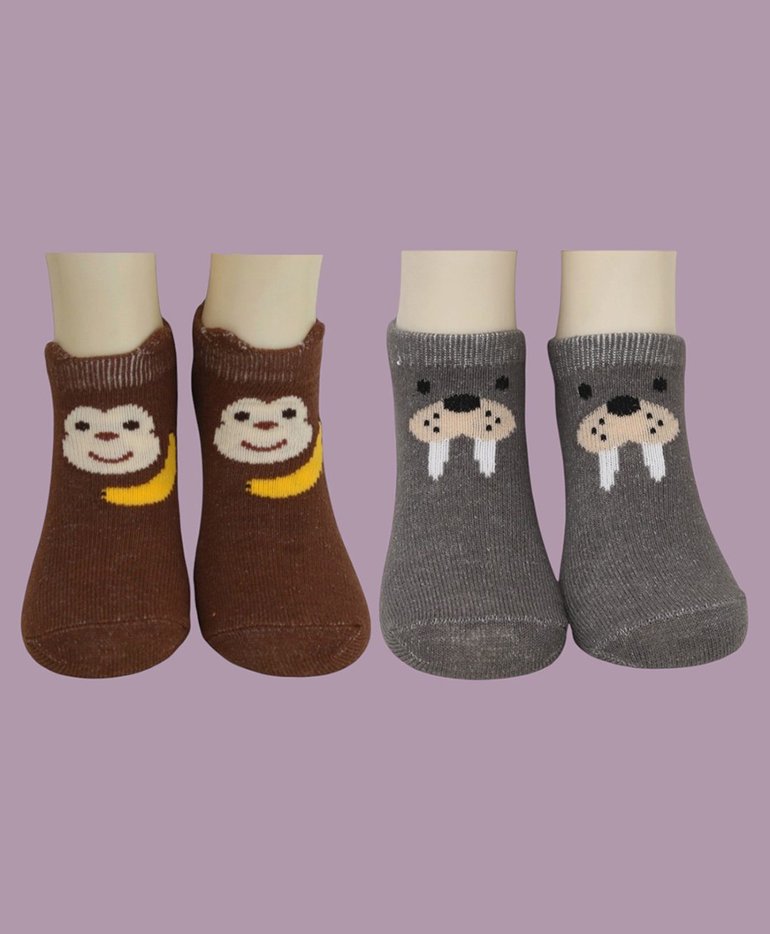 Yellow Bee Cotton Pack Of 2 Walrus & Monkey Designed Socks Set - Grey & Brown-image-44