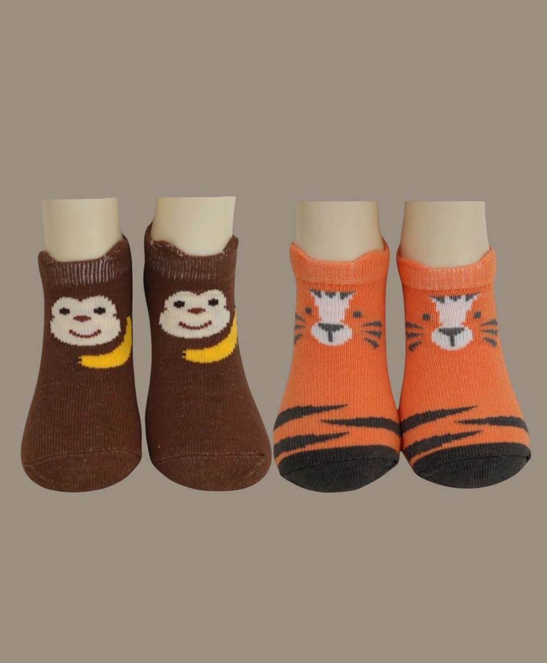 Yellow Bee Cotton Pack Of 2 Tiger & Monkey Designed Socks Set - Brown & Orange-picture-45