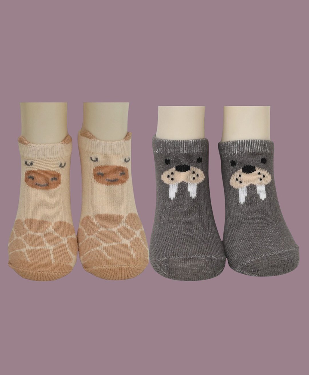 Yellow Bee Cotton Pack Of 2 Walrus & Giraffe Designed Socks Set - Grey & Beige-picture-12