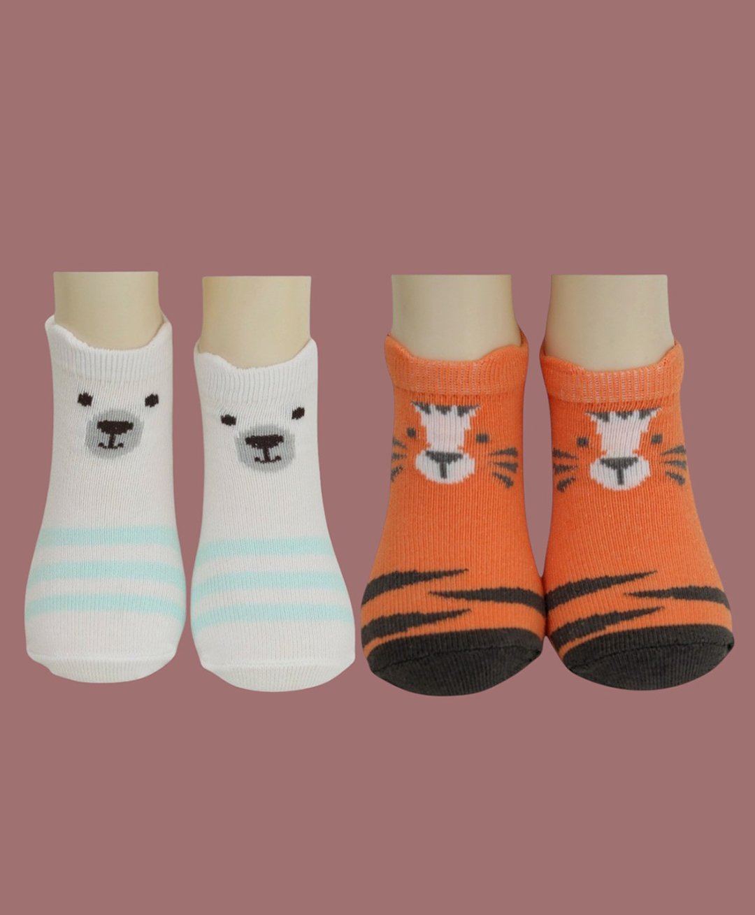 Yellow Bee Cotton Polar Bear & Tiger Designed Socks - White & Orange-image-20