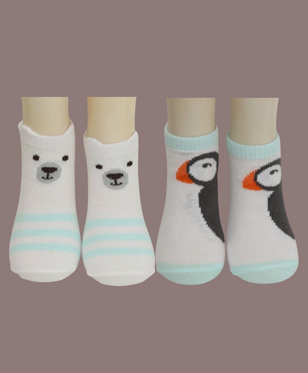 Yellow Bee Cotton Pack Of 2 Polar Bear & Penguin Designed Socks Set - White & Aqua-image-8