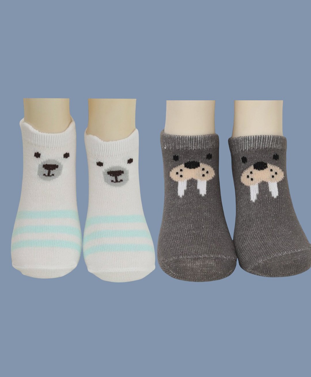 Yellow Bee Cotton Pack Of 2 Polar Bear & Walrus Designed Socks Set - White And Grey-image-47