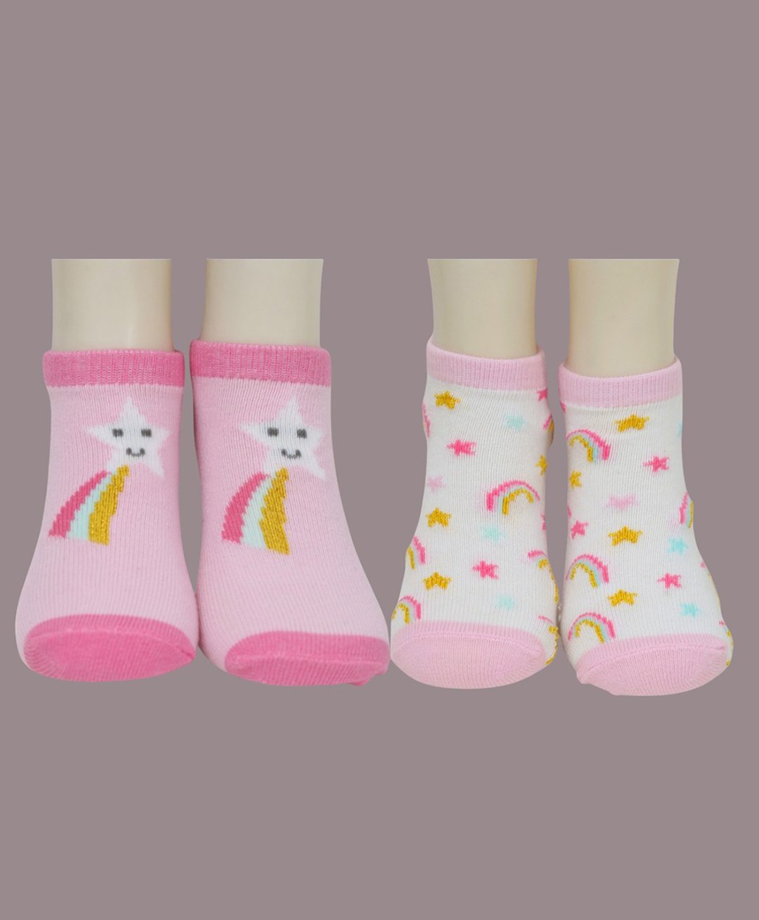 Yellow Bee Cotton Pack Of 2 Star & Rainbow Designed Socks Set - Pink & White-picture-31