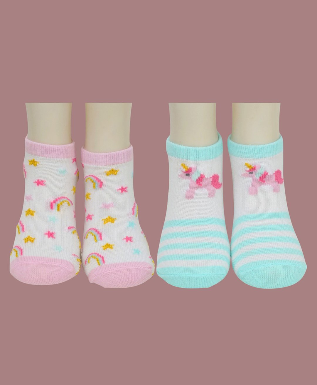 Yellow Bee Cotton Pack Of 2 Rainbow & Unicorn Designed Socks Set - Pink & Aqua-picture-17