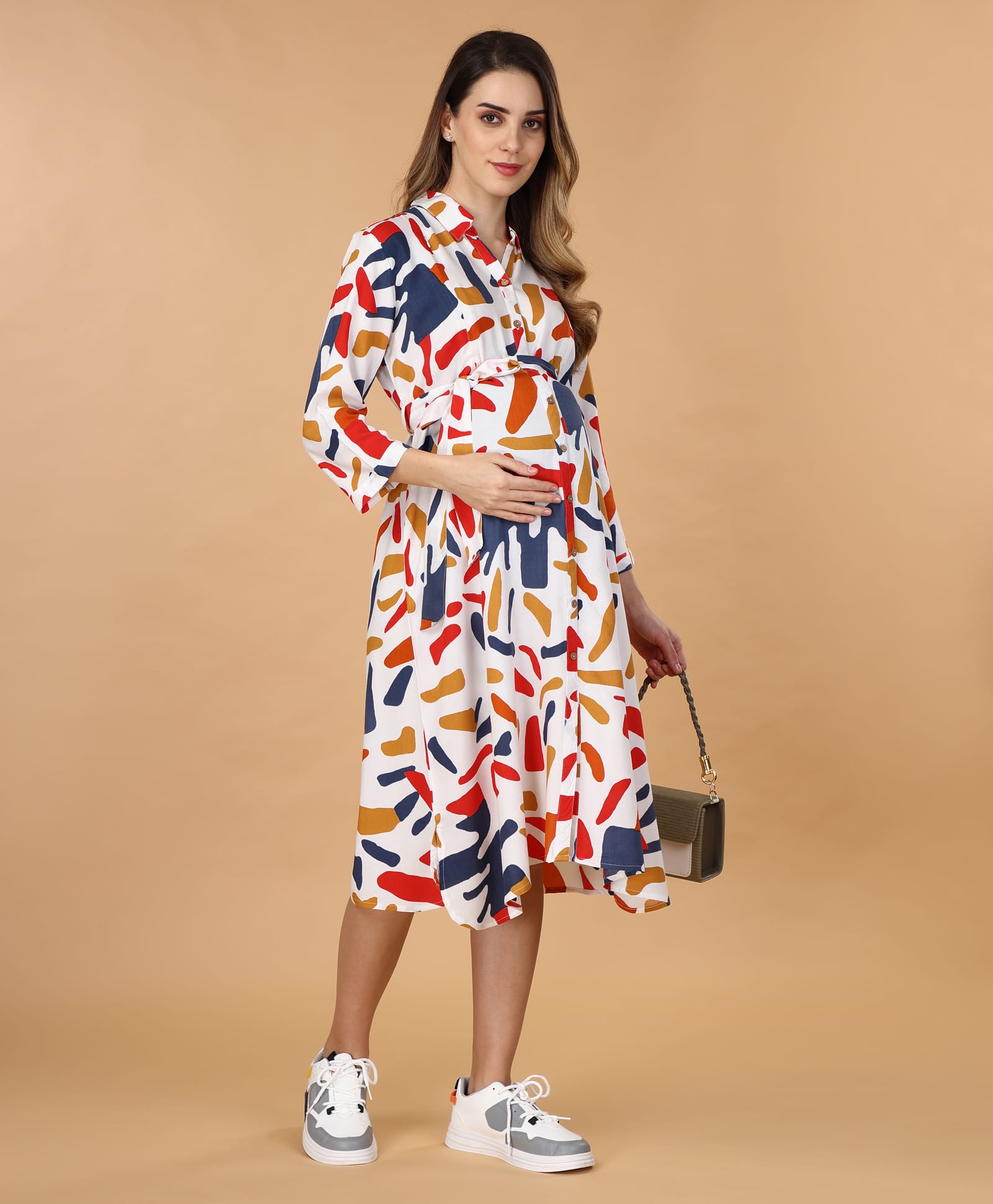 Bella Mama WovenThree Fourth Sleeves Shirt Maternity DressWith Abstract Print - White-picture-4