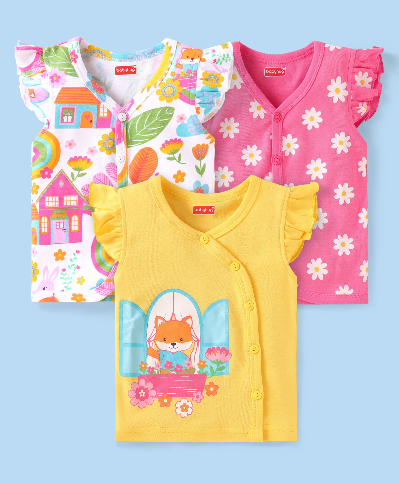 Babyhug Interlock Knit Frill Sleeves Front Open Vest with Floral Print Pack of 3 - Yellow White & Pink-picture-16