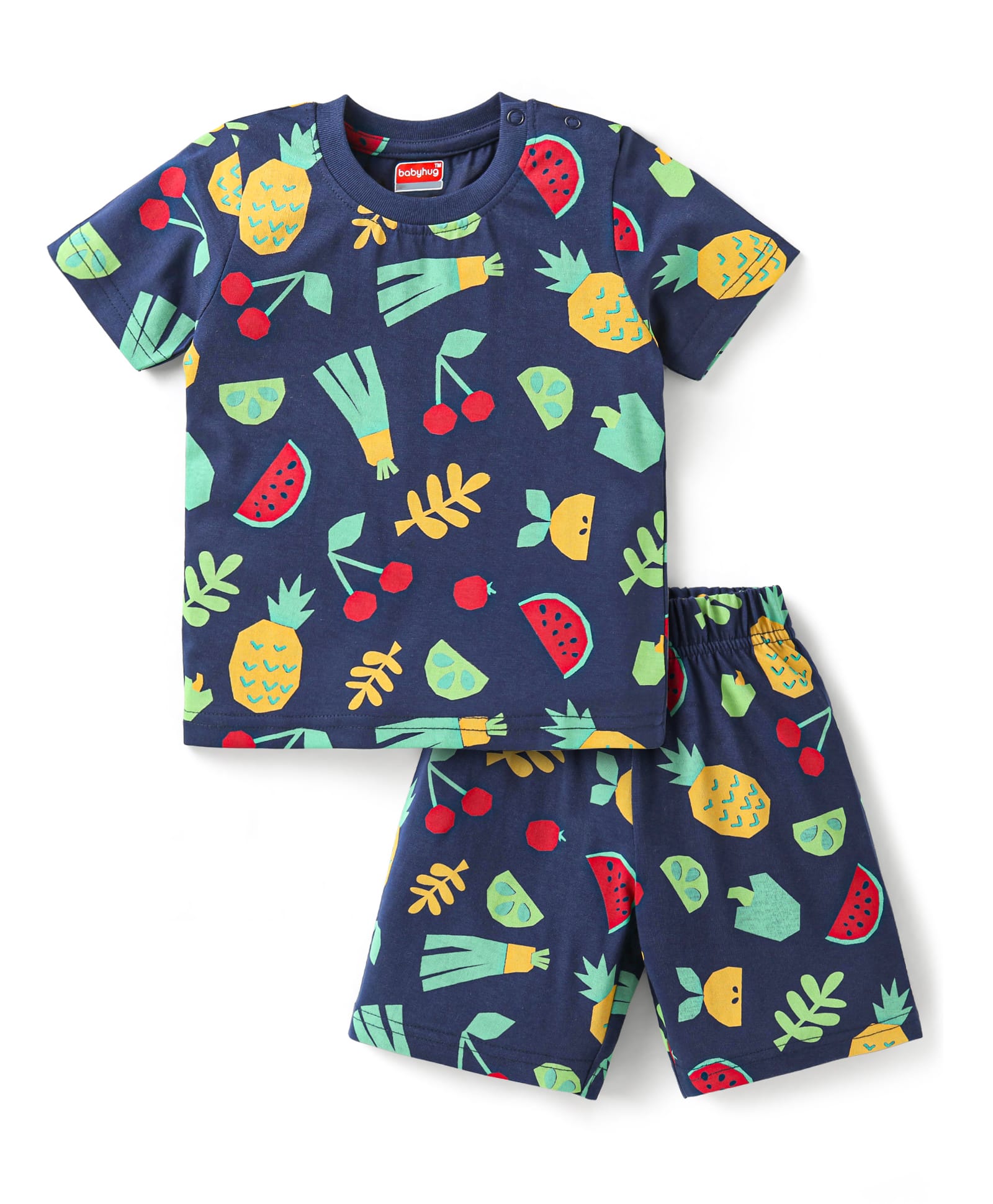 Babyhug Cotton Knit Half Sleeves Shorts Night Suit with Tropical Theme Print - Navy Blue-image-36
