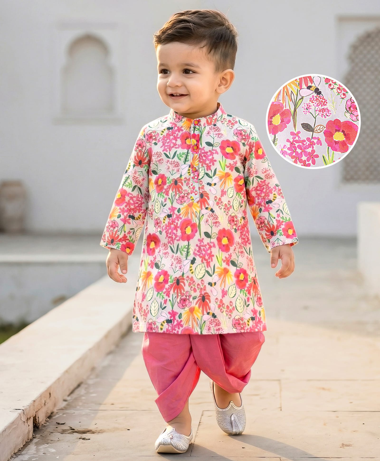 Babyhug Cotton Woven Full Sleeves Floral Printed Kurta with Solid Colour Dhoti Set - Pink & White-picture-37