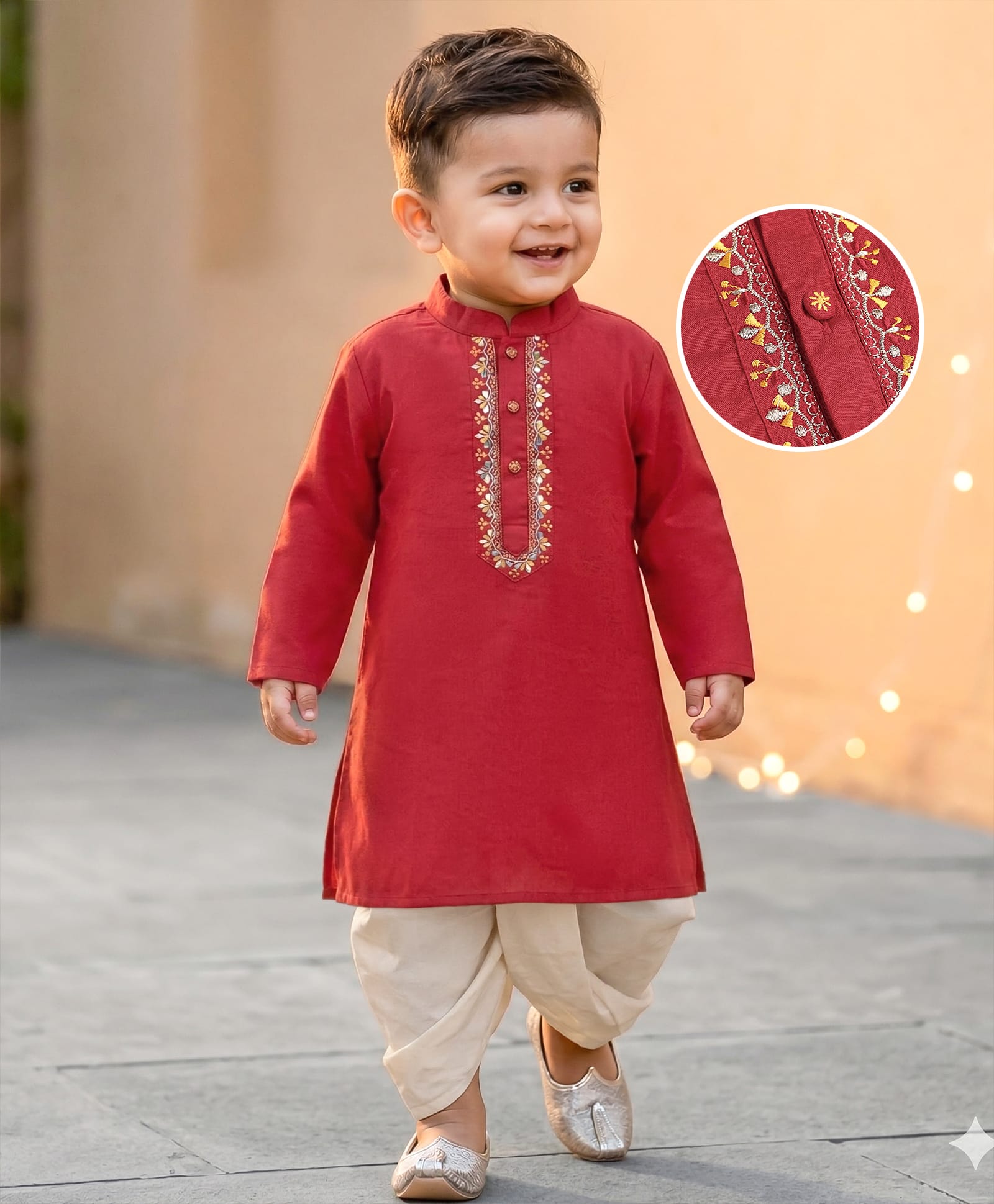 Babyhug Woven Full Sleeves Embroidery Kurta & Dhoti Set -Red-picture-19
