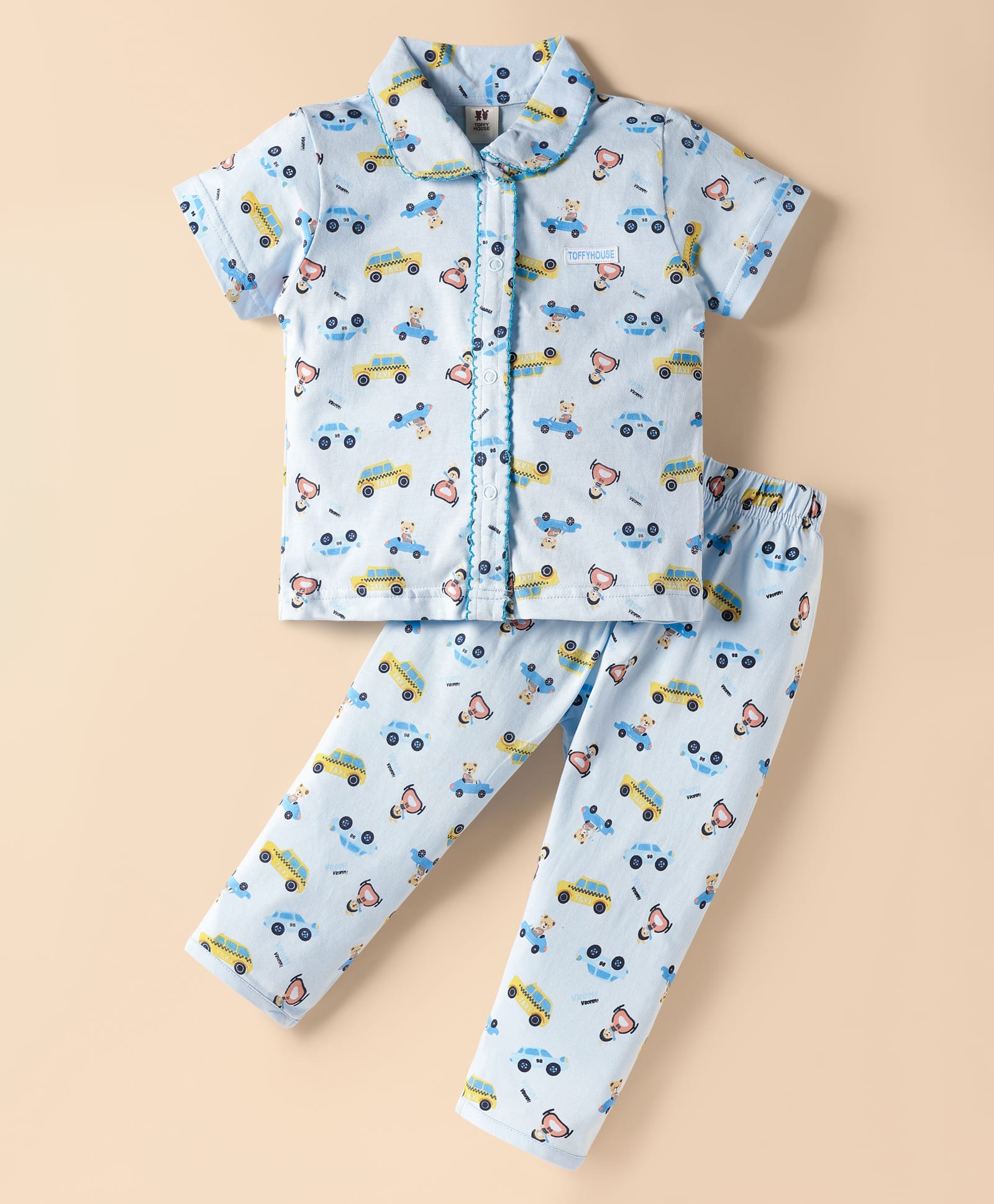 Toffyhouse Cotton Knit Half Sleeves Vehicles Printed Front Open Co-Ords Night Suit - Light Blue-picture-12