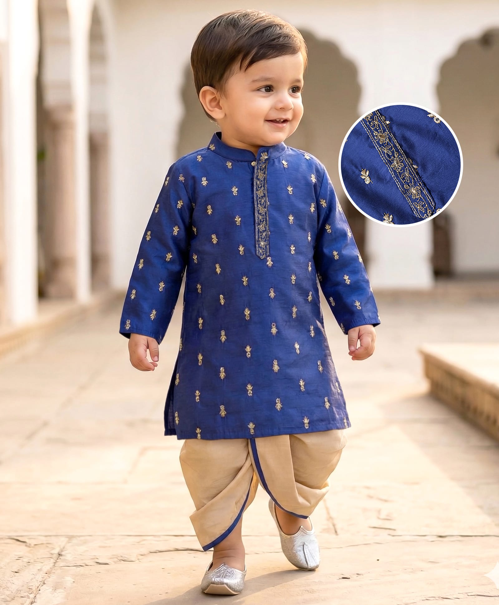 Babyhug Woven Full Sleeves Kurta Dhoti Set with Floral Embroidery & Sequin Detailing - Navy Blue-image-22