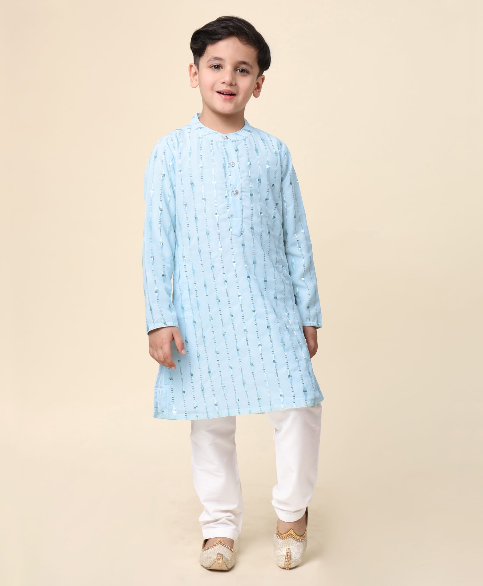 Babyhug Full Sleeves Woven Kurta Pyjama Set with Sequin & Embroidery - Light Blue-image-42