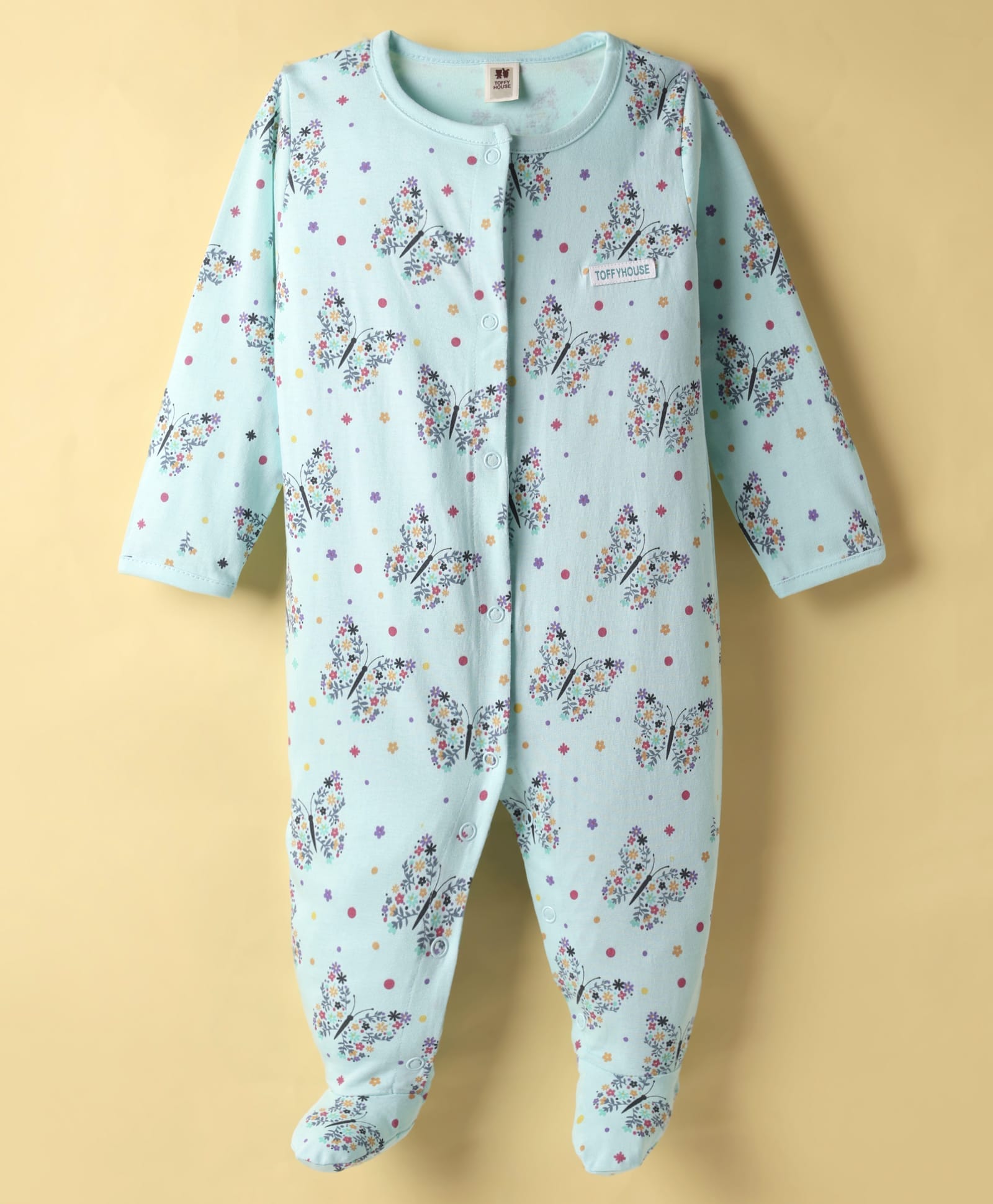 ToffyHouse Cotton Knit Full Sleeves Floral & Butterfly Printed Front Open Footed Sleepsuit - Aqua Blue-image-32