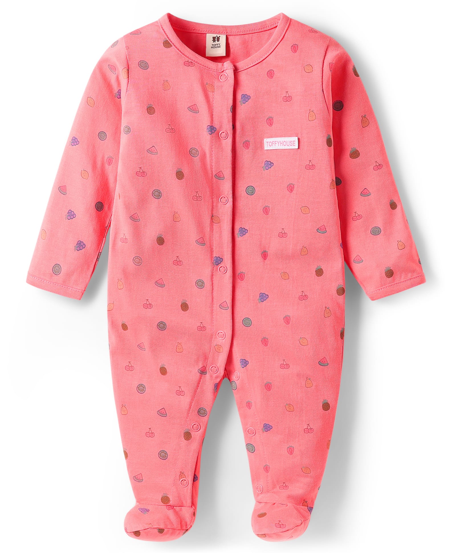 ToffyHouse Cotton Knit Full Sleeves Footed Sleepsuit With Tropical Theme Print - Pink-picture-49