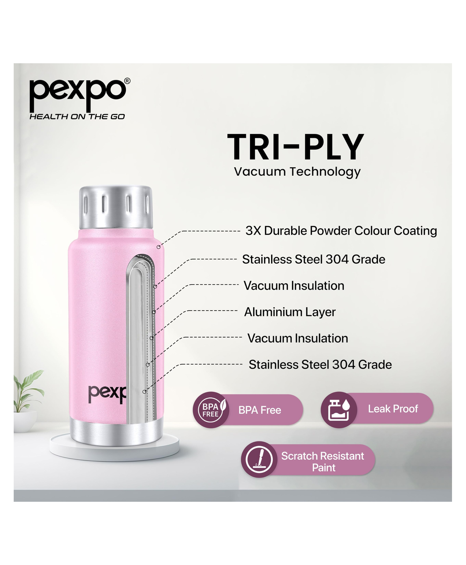 GO24 Cameo Hot & Cold 300ml Stainless Steel Water Bottle|Baby Pink| Vacuum Insulated| Leak Proof & BPA Free| Screw Cap| Office, School, Gym, & Travelling - Pink-image-31