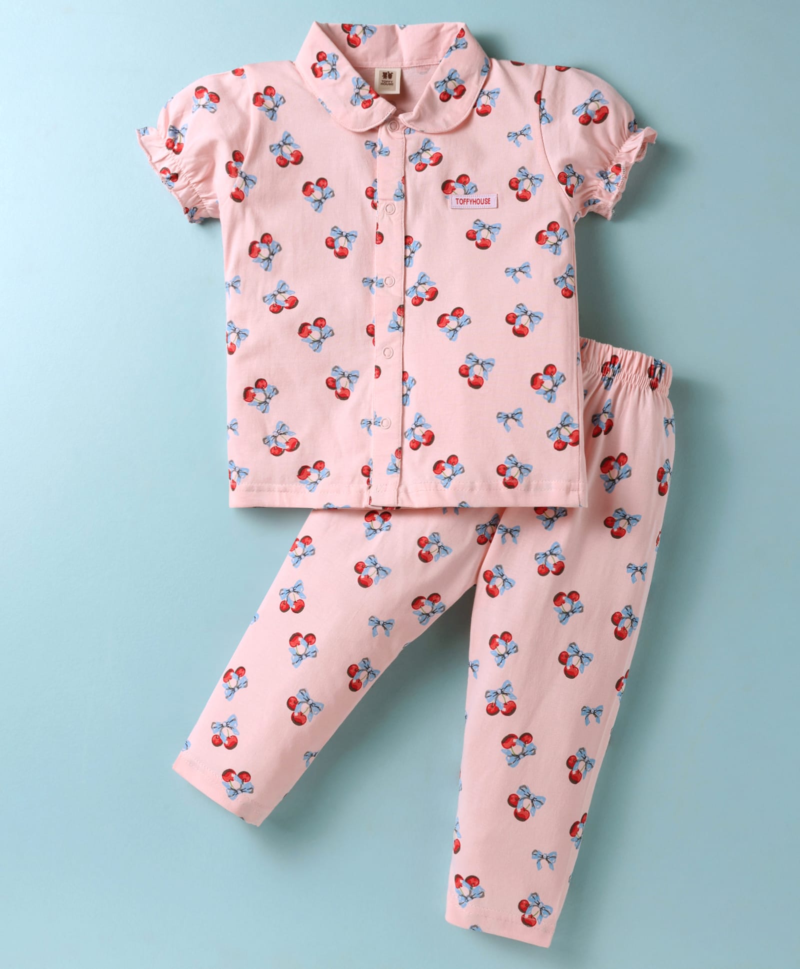 ToffyHouse Cotton Knit Half Sleeves Co-Ord Night Suit with Tropical Print - Pink-image-34