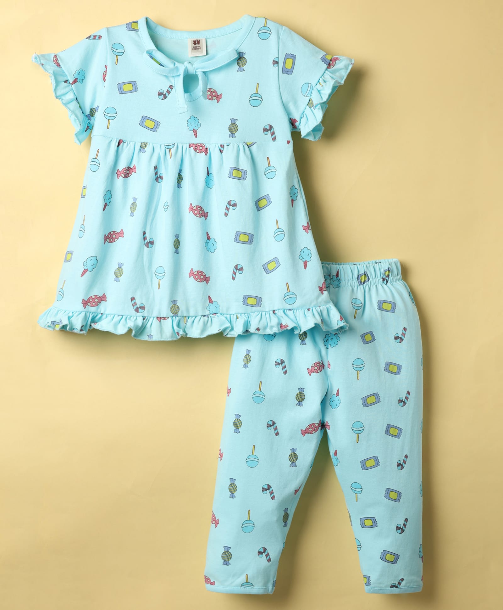 ToffyHouse Cotton Knit Half Sleeves Co-ords Night Suit With Toffy Print - Sea Green-picture-14