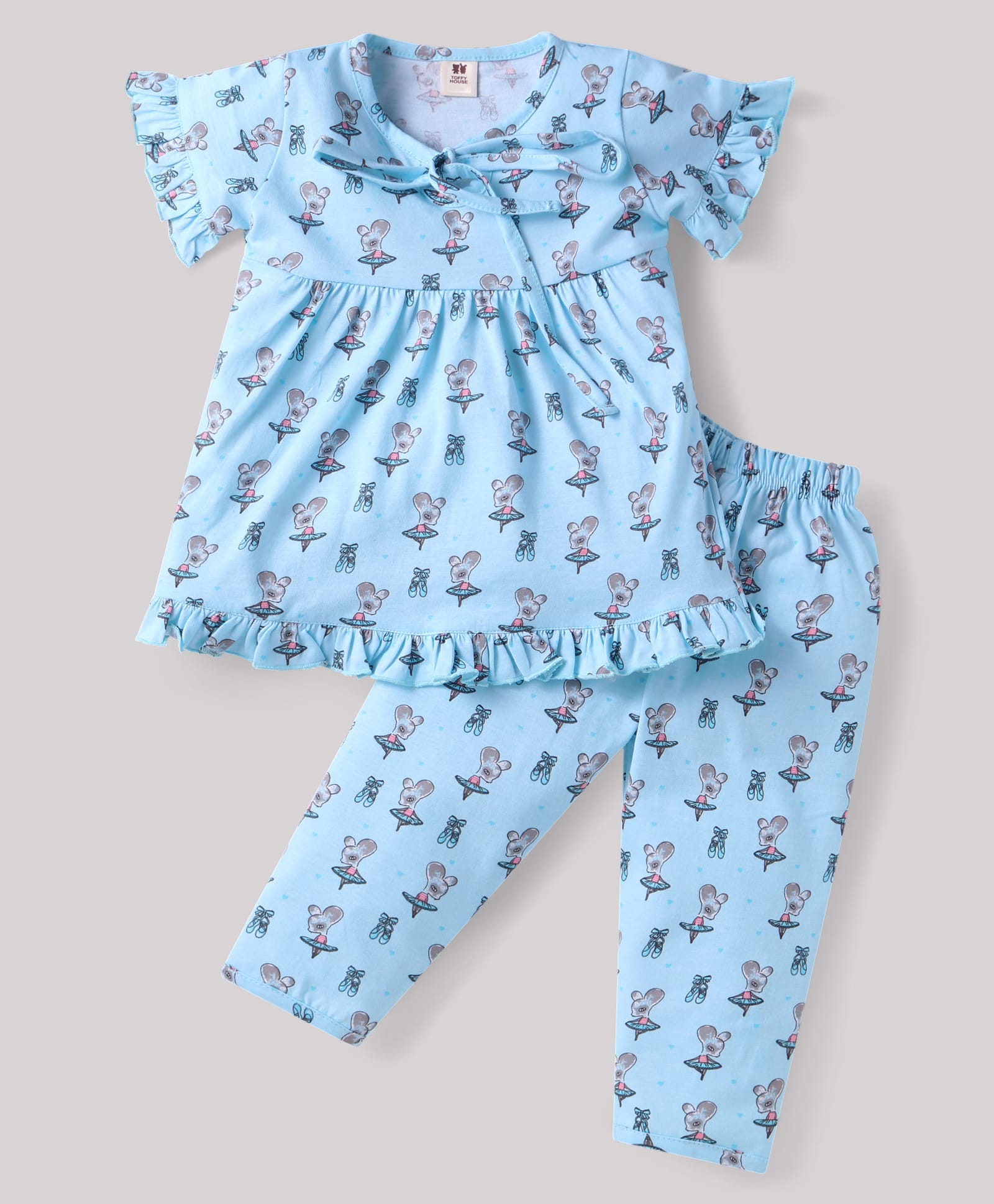 ToffyHouse Cotton Knit Half Sleeves Night Suit With Mouse Print - Light Blue-picture-3