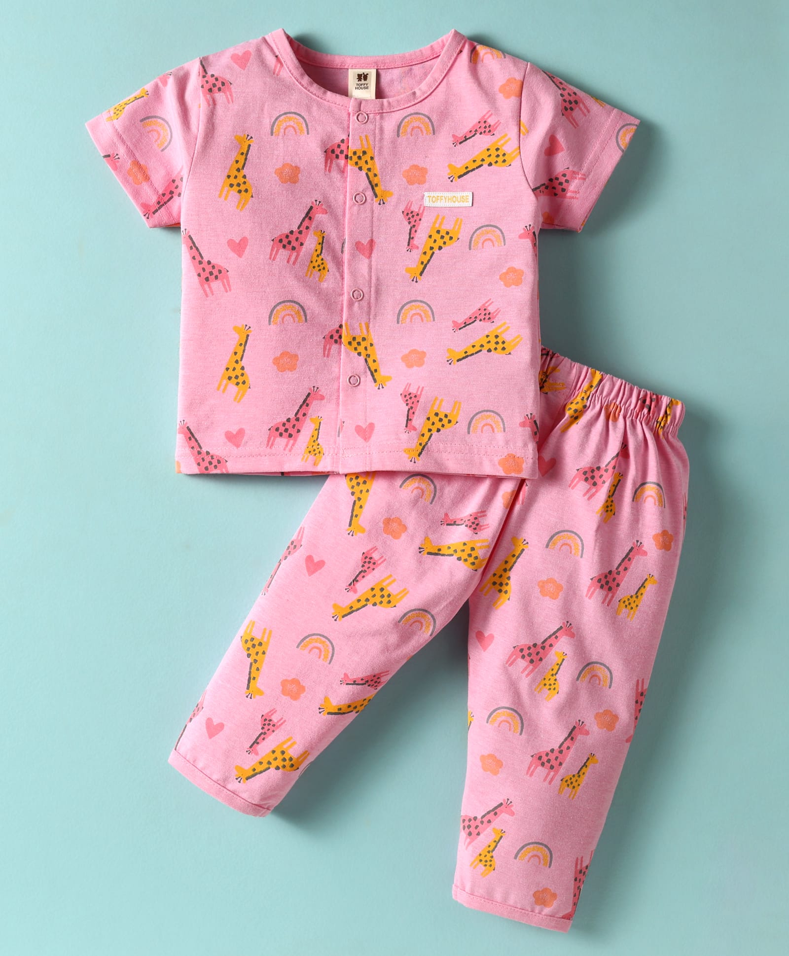 ToffyHouse Cotton Knit Half Sleeves Co-ords Night Suit With Animal Print - Pink-picture-1