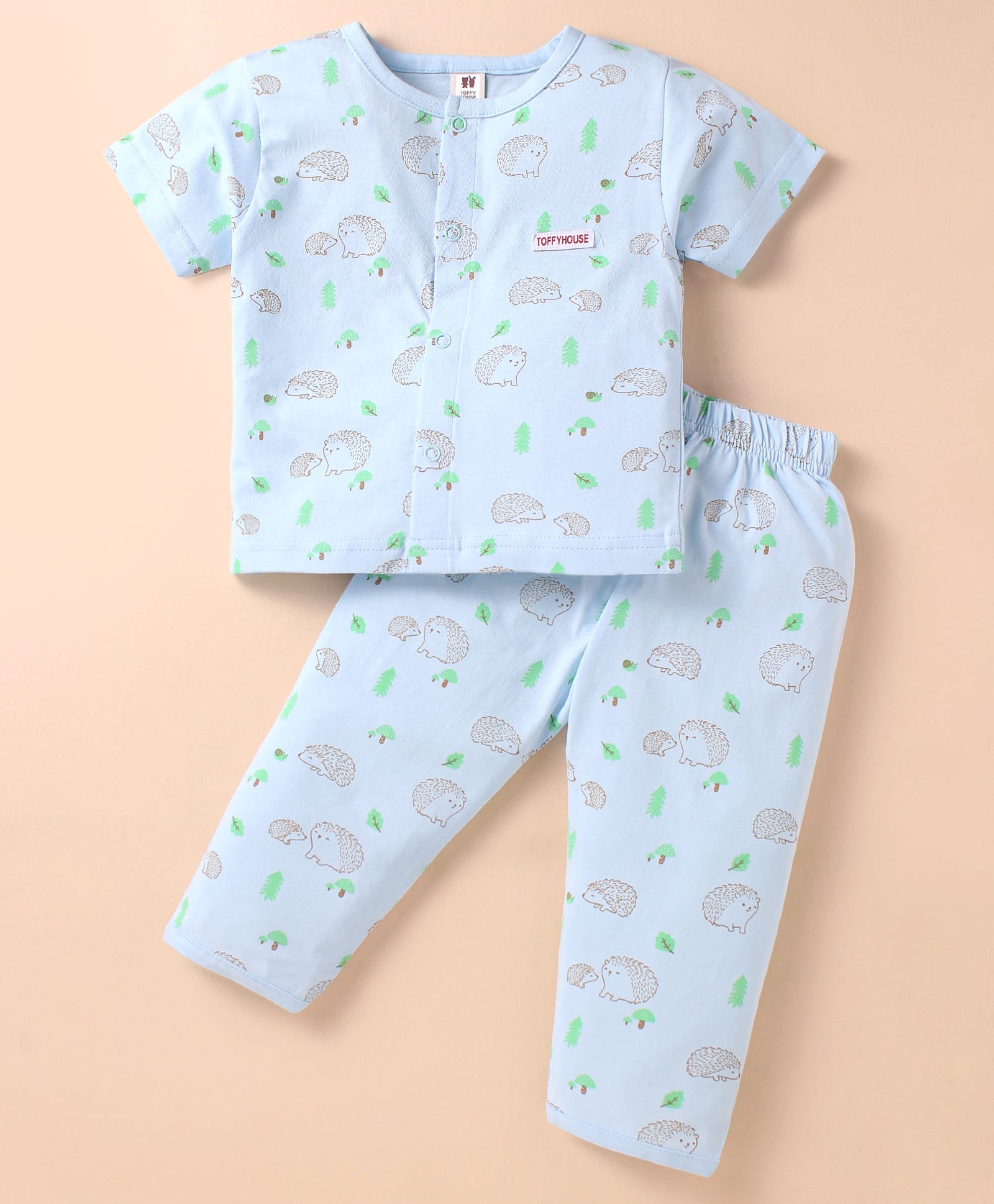 ToffyHouse Cotton Knit Half Sleeves Co-ords Night Suit with Hedgehog Print - Light Blue-picture-26