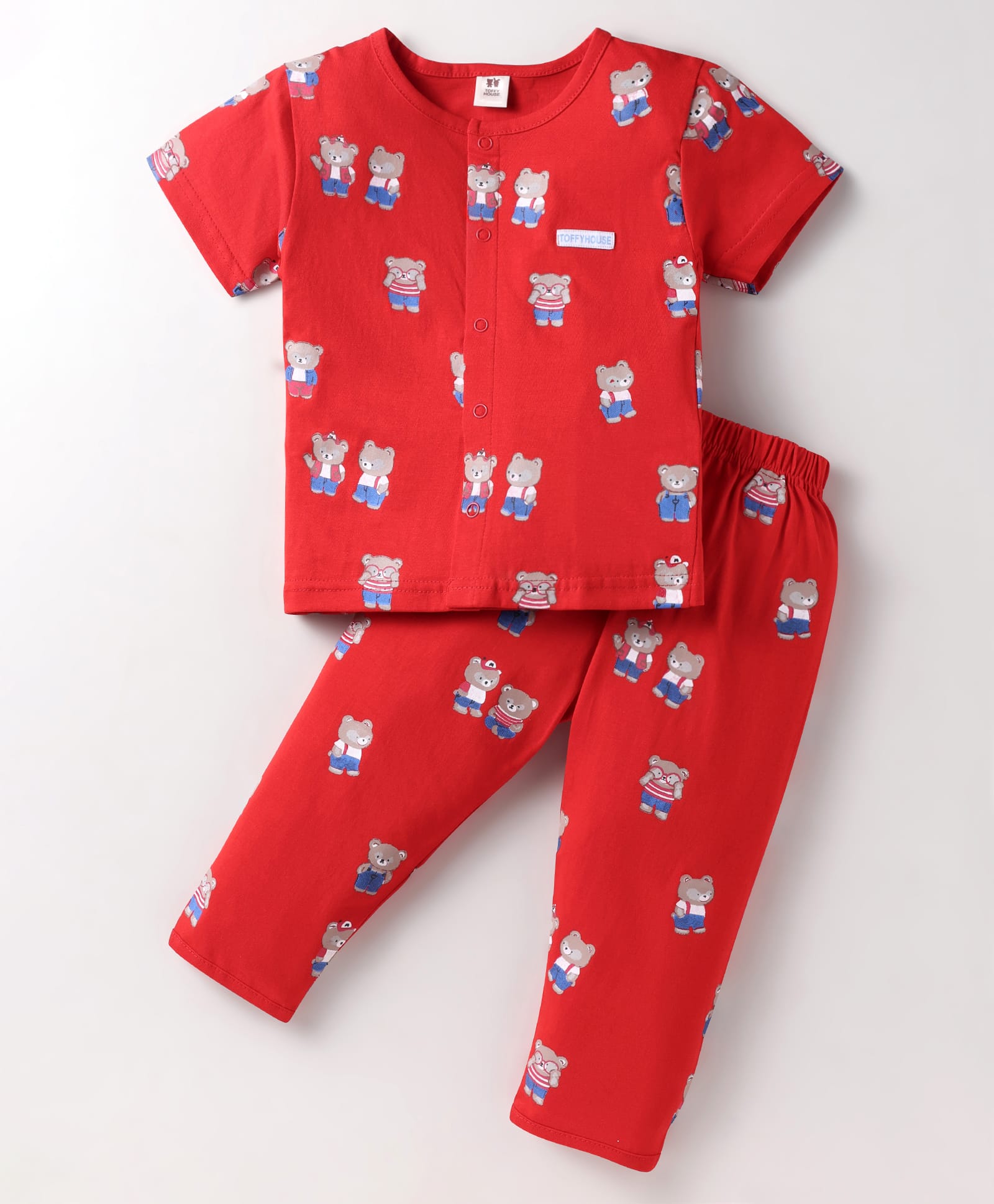 ToffyHouse Cotton Knit Half Sleeves Co-Ord Night Suit with Animal Print - Red-image-35