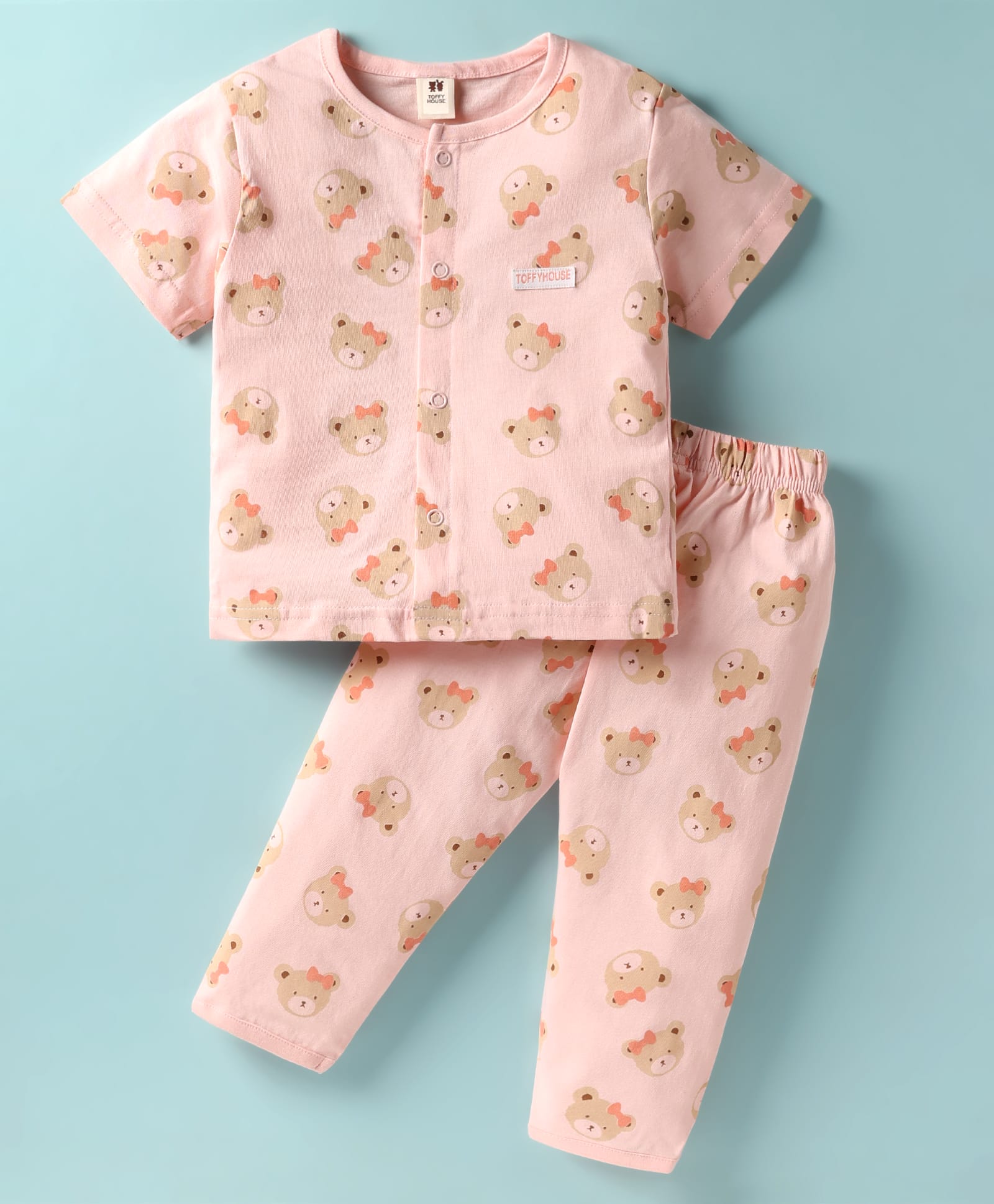 ToffyHouse Cotton Knit Half Sleeves Co-ords Front Open Night Suit with Bear Print - Dark Peach-picture-46