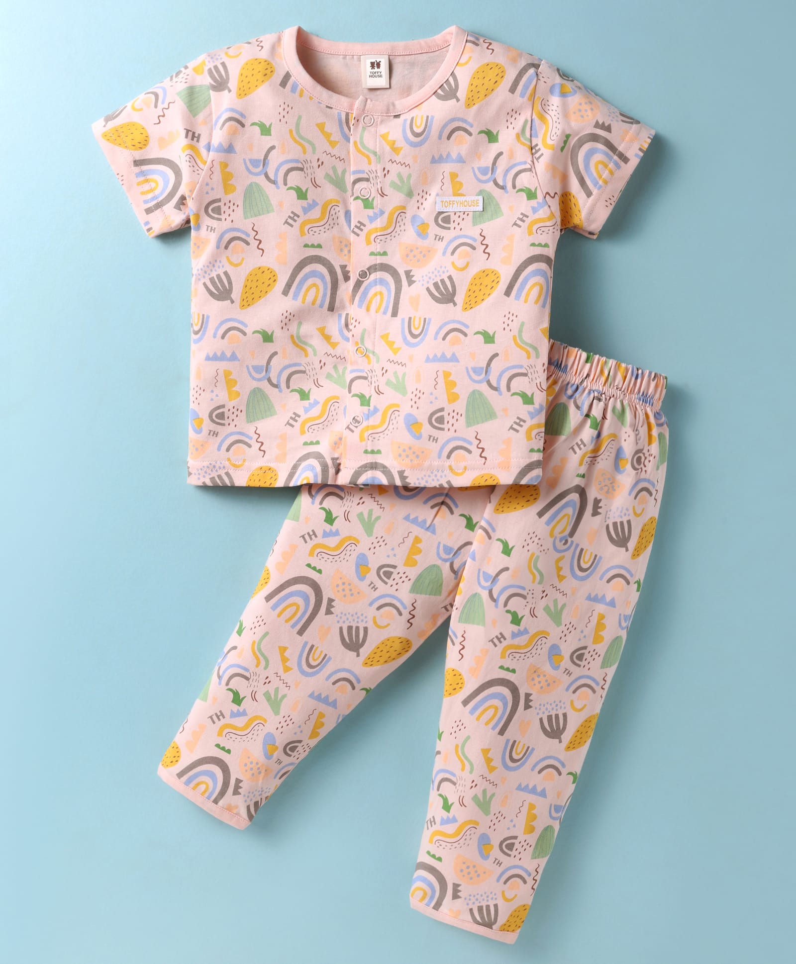 ToffyHouse Cotton Knit Half Sleeves Co-Ord Night Suit with Tropical Print - Light Pink-image-27