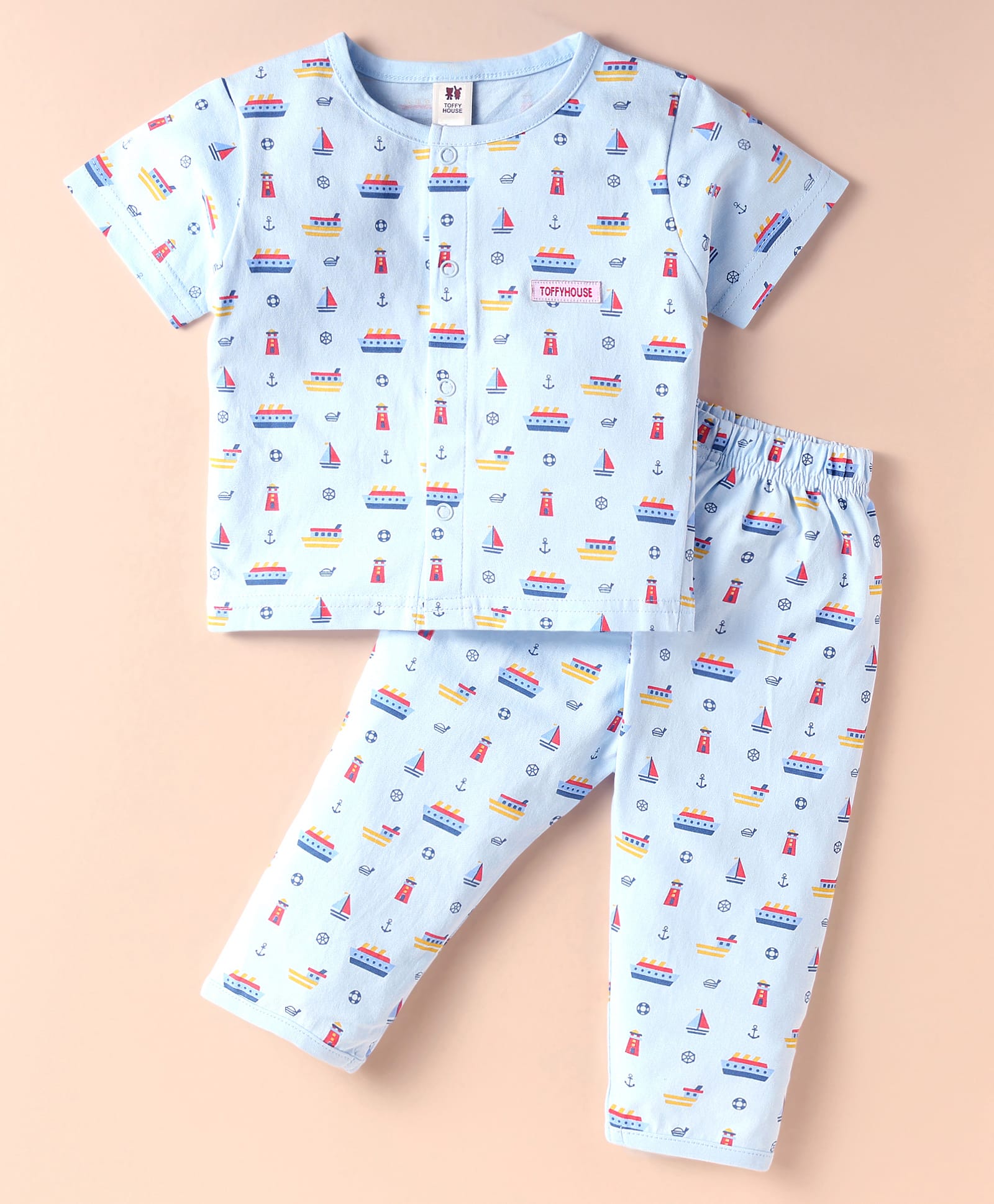 ToffyHouse Cotton Knit Half Sleeves Co-ords Night Suit with Nautical Theme Print - Light Blue-picture-48