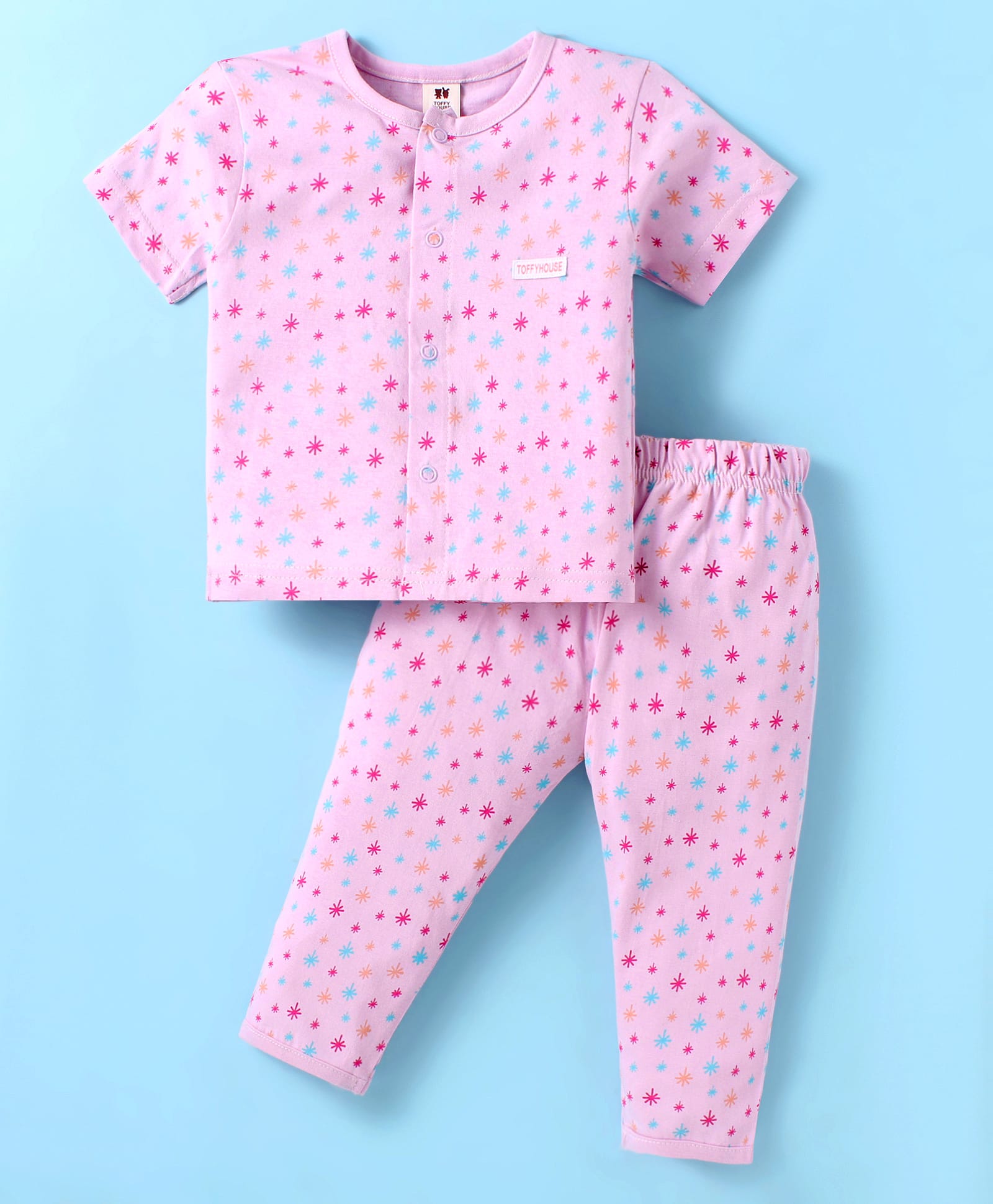 ToffyHouse Cotton Kit Half Sleeves Co-ords Night Suit with Stars Print - Pink-image-5