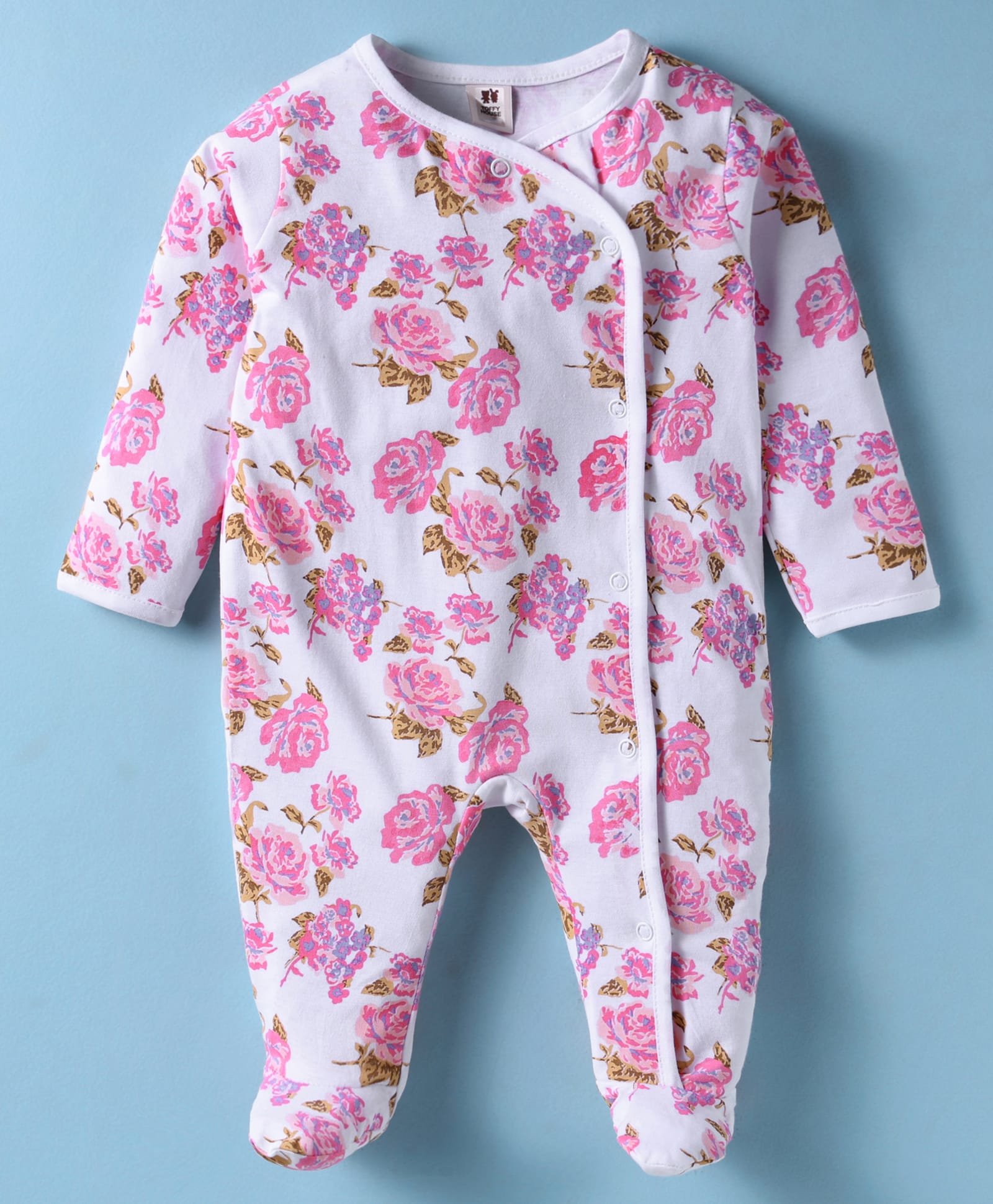 ToffyHouse Cotton Knit Full Sleeves Footed Sleepsuit With Floral Print - White-picture-26