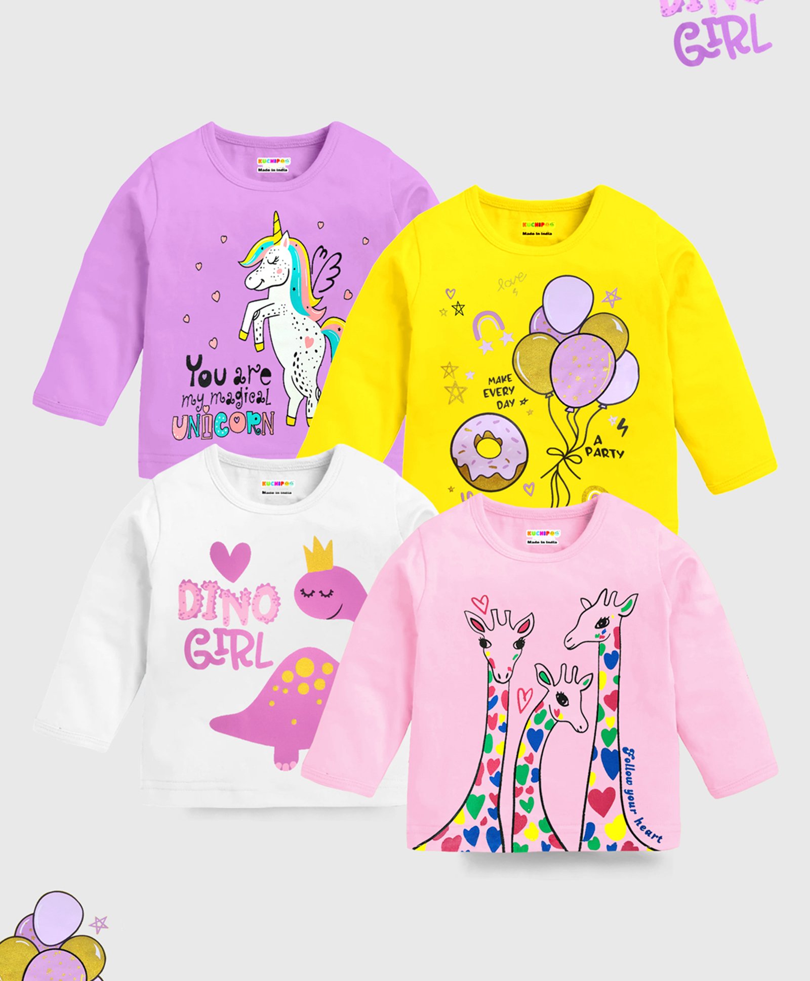 KUCHIPOO Pack Of 4 Full Sleeves Animals & Unicorn Printed Tees - Purple Pink Yellow & White-image-10